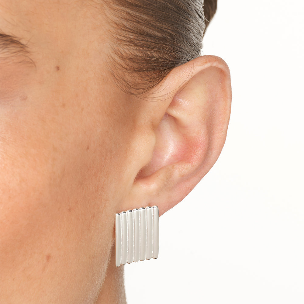 Silver Ribbed Square Stud Earrings for Women - Minimalist Geometric Jewelry for Everyday Wear & Gift Giving