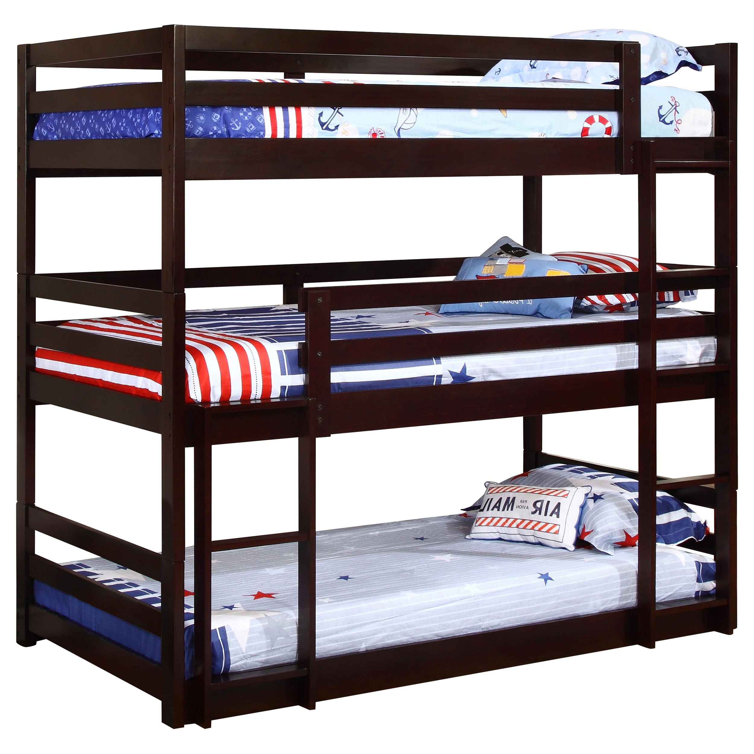 Coaster Home Furnishings Triple Bunk Bed Frame - Twin Over Twin Over Twin Size, Wood Construction with Ladder & Guardrails, Cappuccino Finish - Perfect for Kids' Bedrooms, Dorms, and Space-Saving Home Solutions
