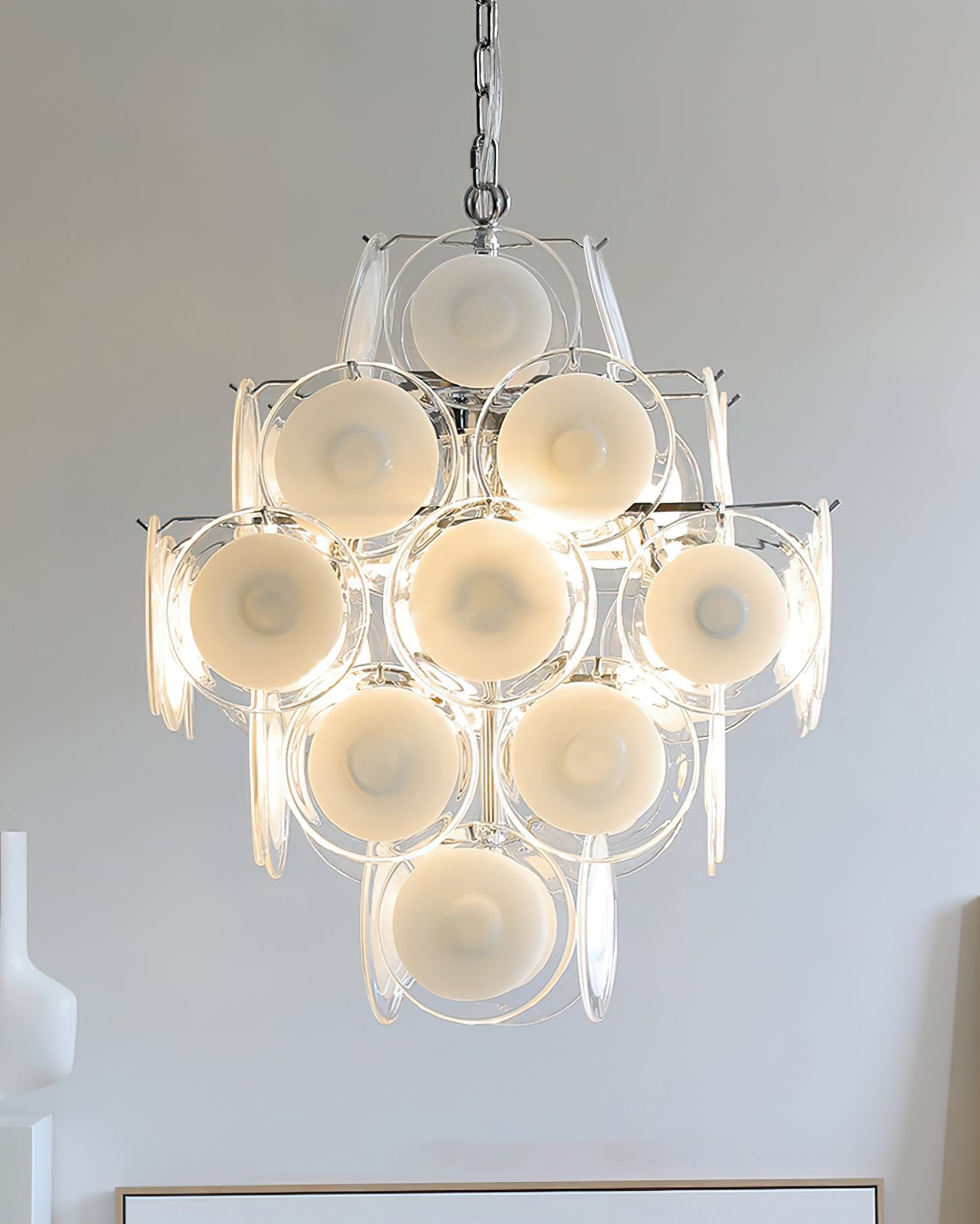 Murano Disc White Glass Chandelier - Elegant Modern Ceiling Light Fixture for Dining Room, Living Room, Bedroom & Foyer Lighting Decor