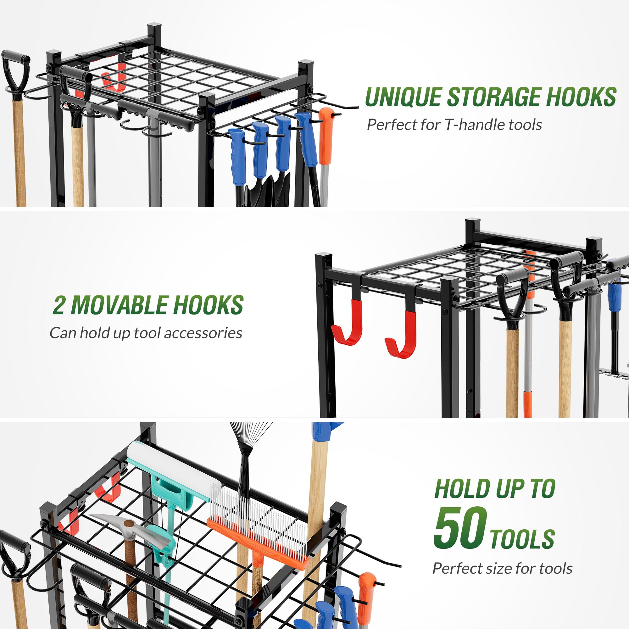 Heavy Duty Steel Garden Tool Organizer with Storage Hooks - Yard Tool Tower Rack for Garage, Shed & Outdoor Organization - Holds Up to 50 Tools - Perfect for Gardening, Landscaping & Home Storage (Black)