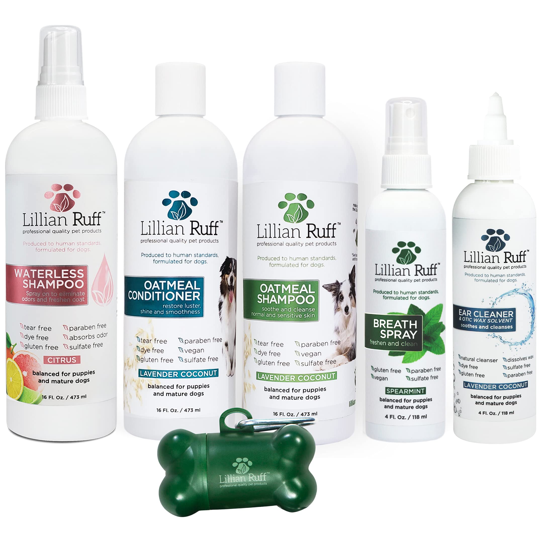 Premium Dog Grooming Starter Kit - Oatmeal Shampoo & Conditioner, Waterless Citrus Shampoo, Ear Cleaner, Breath Freshener, Waste Bag Dispenser with 15 Bags - Perfect for Travel, Daily Care & Puppy Bath Time