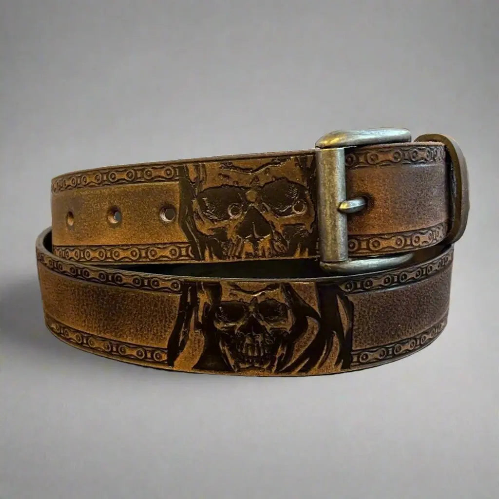 Keldon Genuine Grain Leather Men's Skull Belt with Removable Buckle - Stylish Gothic Accessory for Casual Wear, Halloween Costumes & Biker Outfits