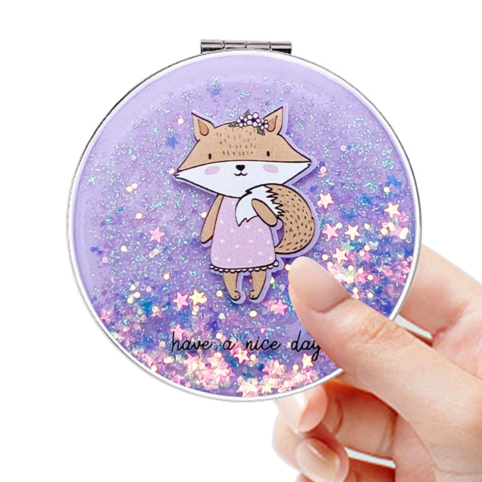 Acedada Portable Travel Makeup Mirror - 2-Sided 1x/2x Magnifying Compact Mirror with Bling Quicksand Design, Small Folding Purse Mirror for Women & Girls (Purple Fox) | Perfect for Travel, Home Makeup & On-the-Go Touch Ups