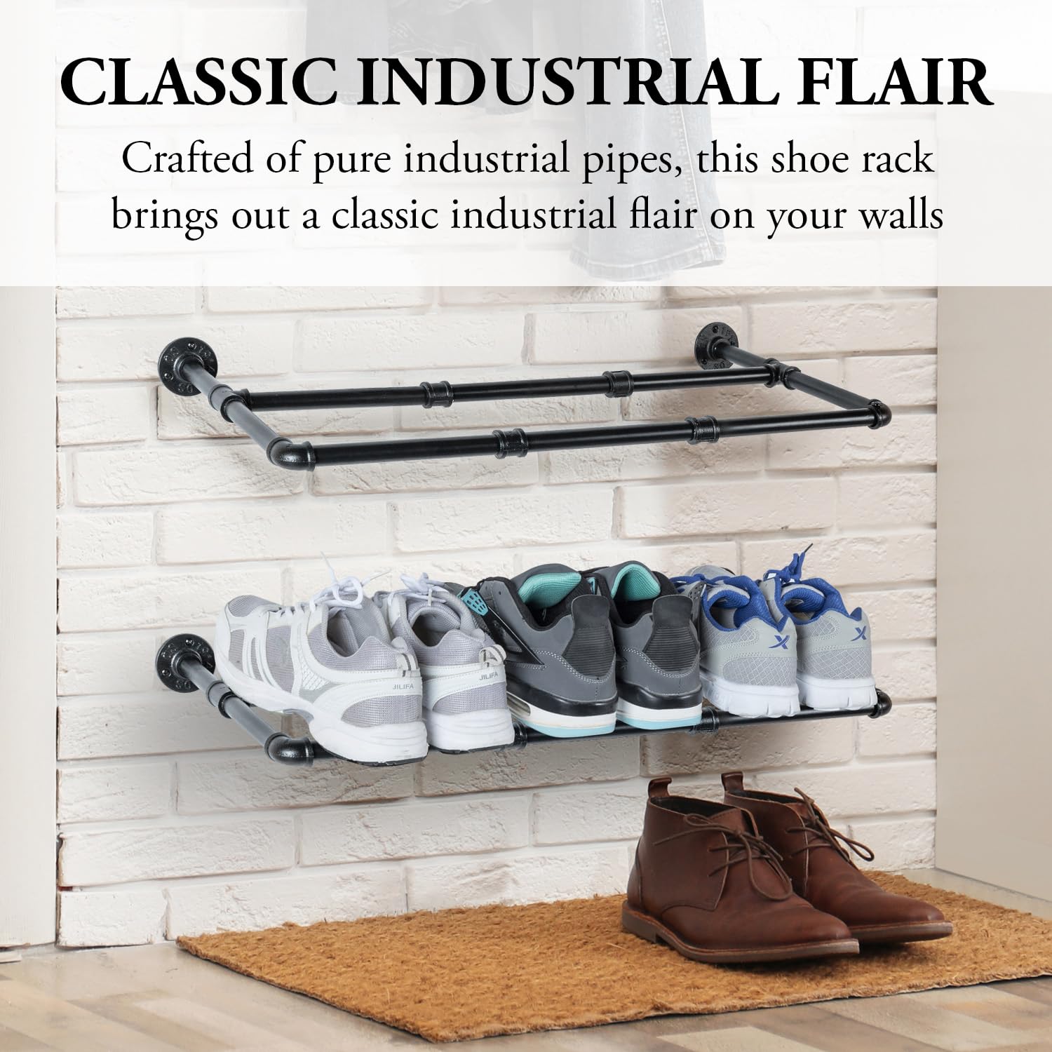 MyGift Set of 4 Industrial Matte Black Metal Pipe Shoe Rack Organizer - Wall Mounted Space Saving Boot Shelf for Entryway, Closet & Mudroom - Holds 12 Pairs of Shoes - Perfect for Small Spaces & Shoe Storage Organization