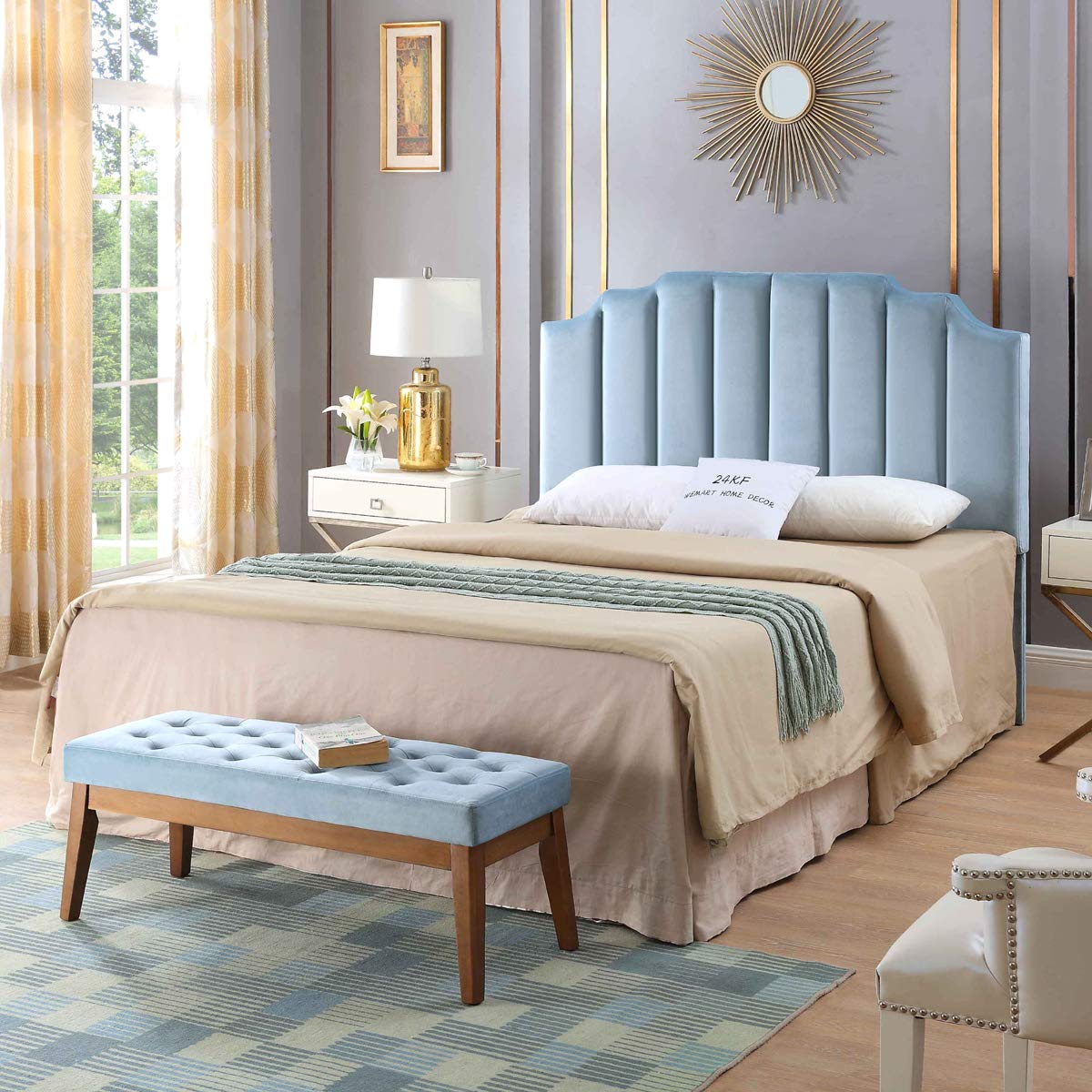 24K Gold Seaglass Velvet Upholstered Tufted Queen/Full Size Headboard - Modern Vertical Channel Design with Curved Tufted Headboard for Bedroom Decor | Luxury Bed Frame Accent | Coastal & Contemporary Home Furniture