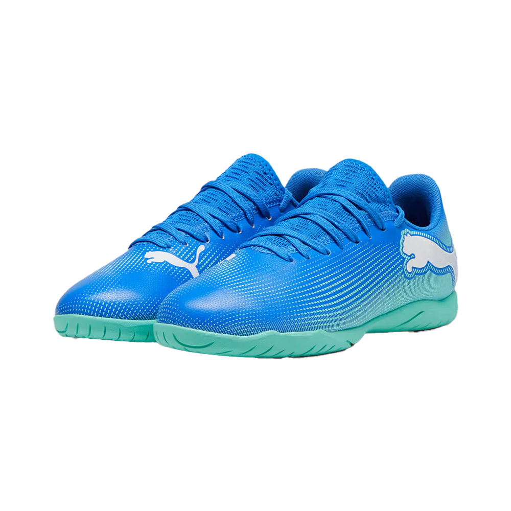 Puma Future 7 Play IT Junior Indoor Soccer Shoes for Kids - Hyperlink Blue/Mint - Perfect for Indoor Training & Youth Football Games