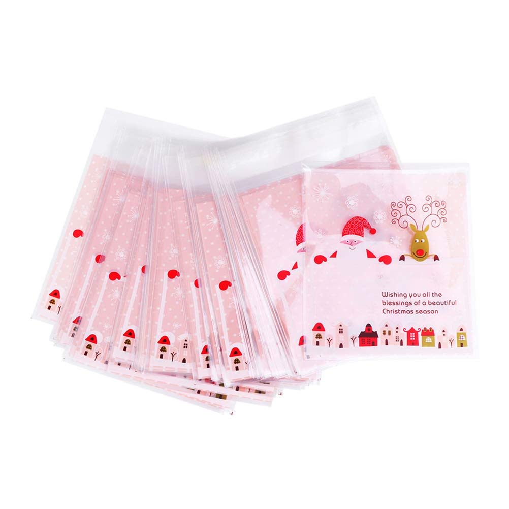Amosfun 200pcs Self-Adhesive Christmas Cookie Bags - Cute Candy Pouch for Sweets, Biscuits & Bakery Treats | Holiday Gift Wrapping & Party Favors for Christmas Celebrations