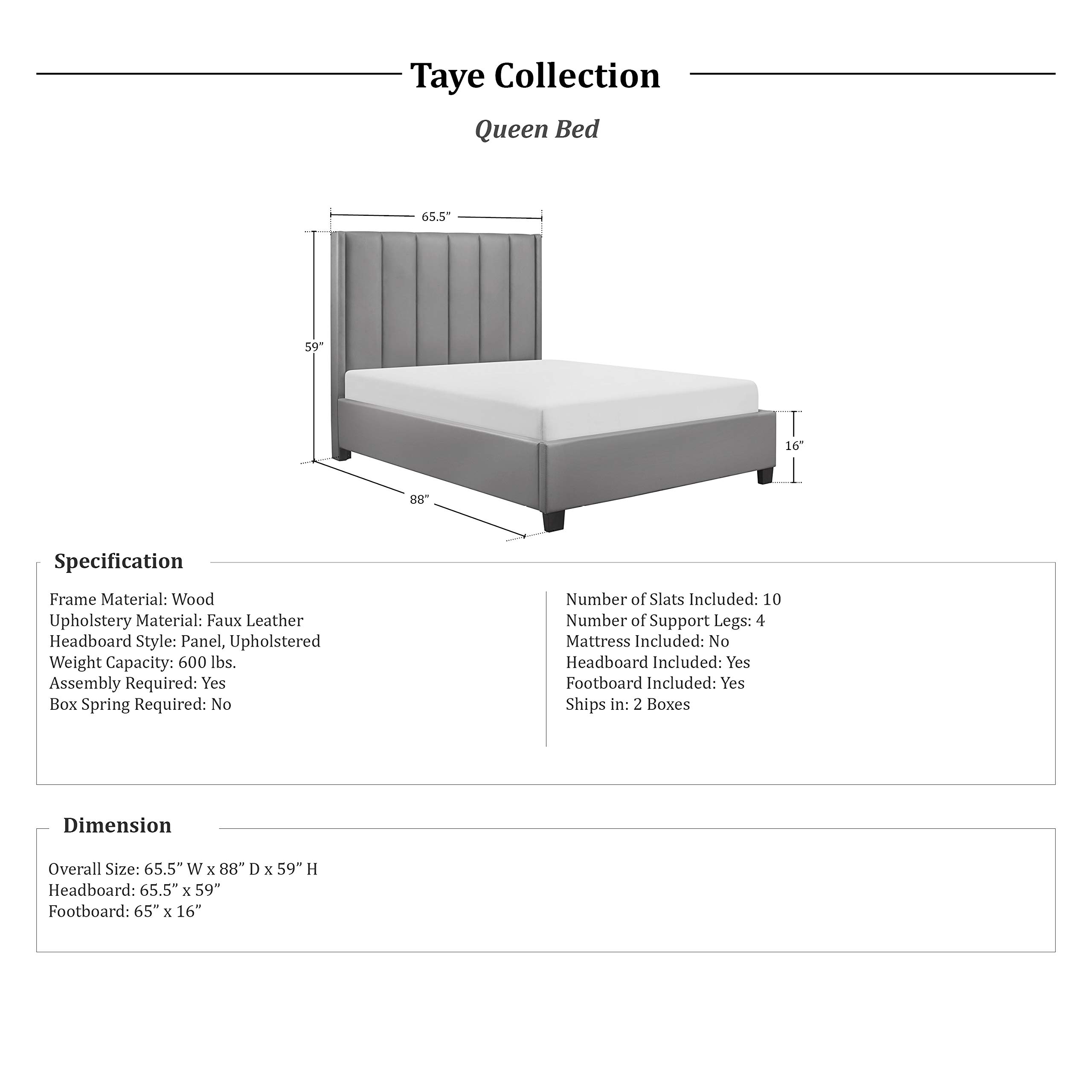 Lexicon Taye Upholstered Platform Bed Frame - Queen Size, Gray Fabric Upholstery - Modern Bedroom Furniture for Master Bedroom or Guest Room
