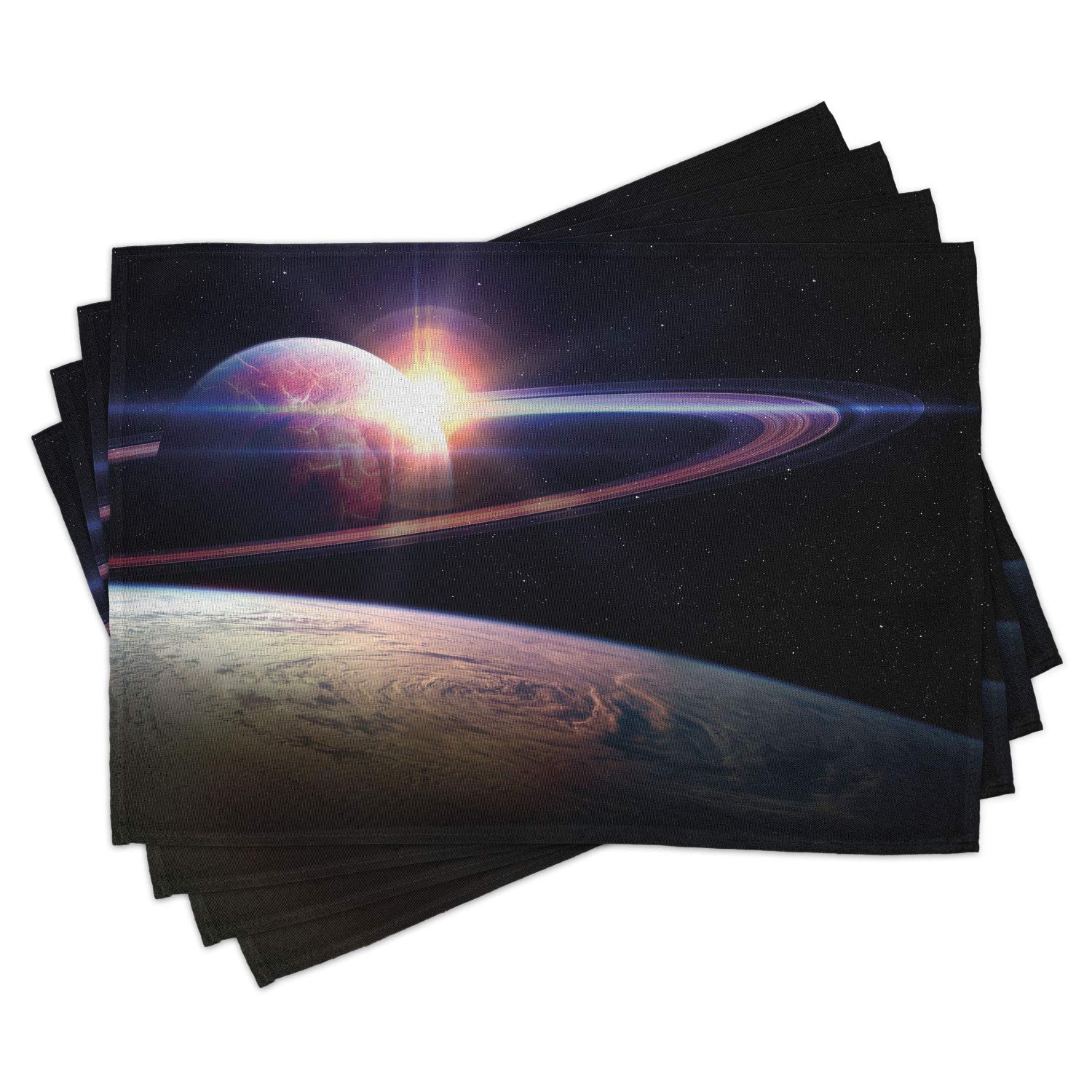 Ambesonne Galaxy Place Mats Set of 4 - Outer Space Saturn View from Earth Washable Fabric Placemats for Dining Table & Kitchen Decor in Black Blue - Perfect for Sci-Fi Themed Dinners & Space Enthusiasts