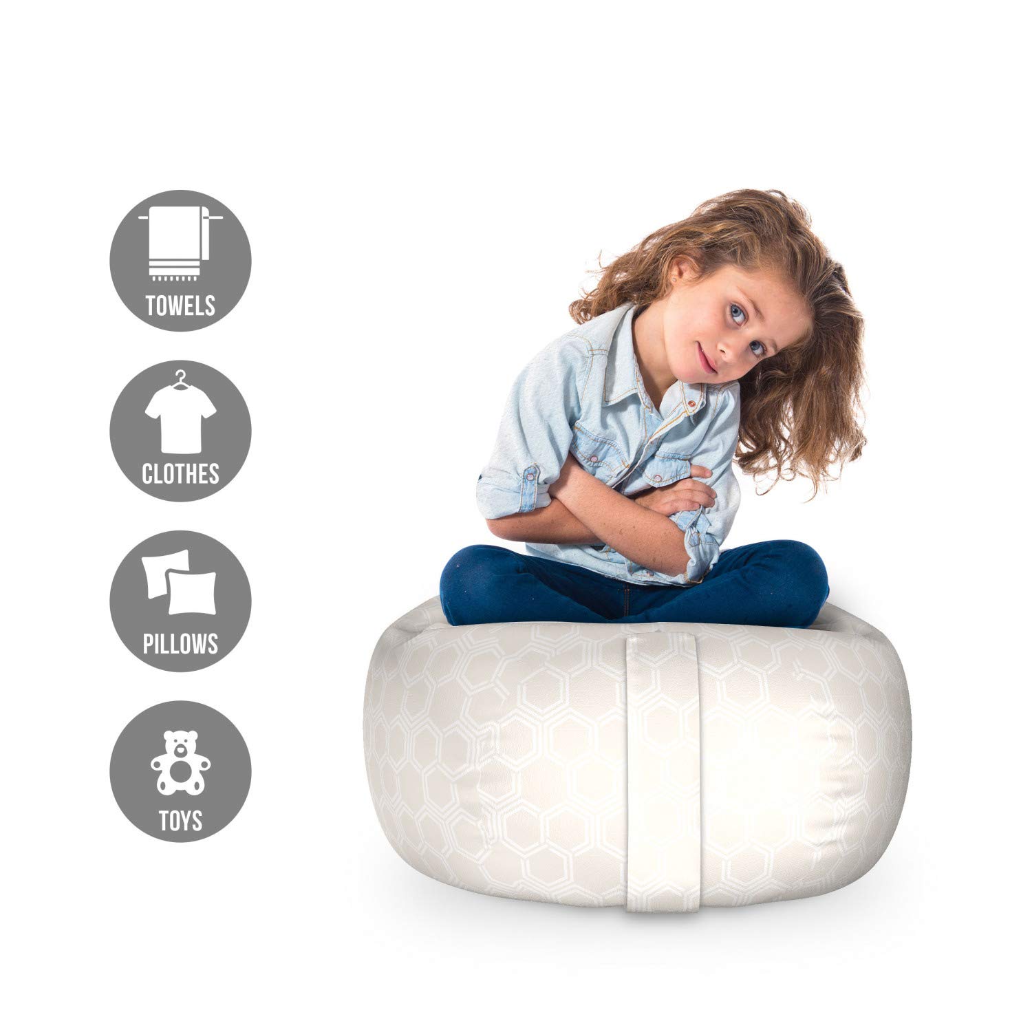 Ambesonne Modern Hexagon Monochrome Toy Storage Bag Chair - Washable Stuffed Animal Organizer for Kids Room, Nursery & Playroom - Small Size in Eggshell White - Perfect for Organizing Toys, Blankets & Nursery Essentials