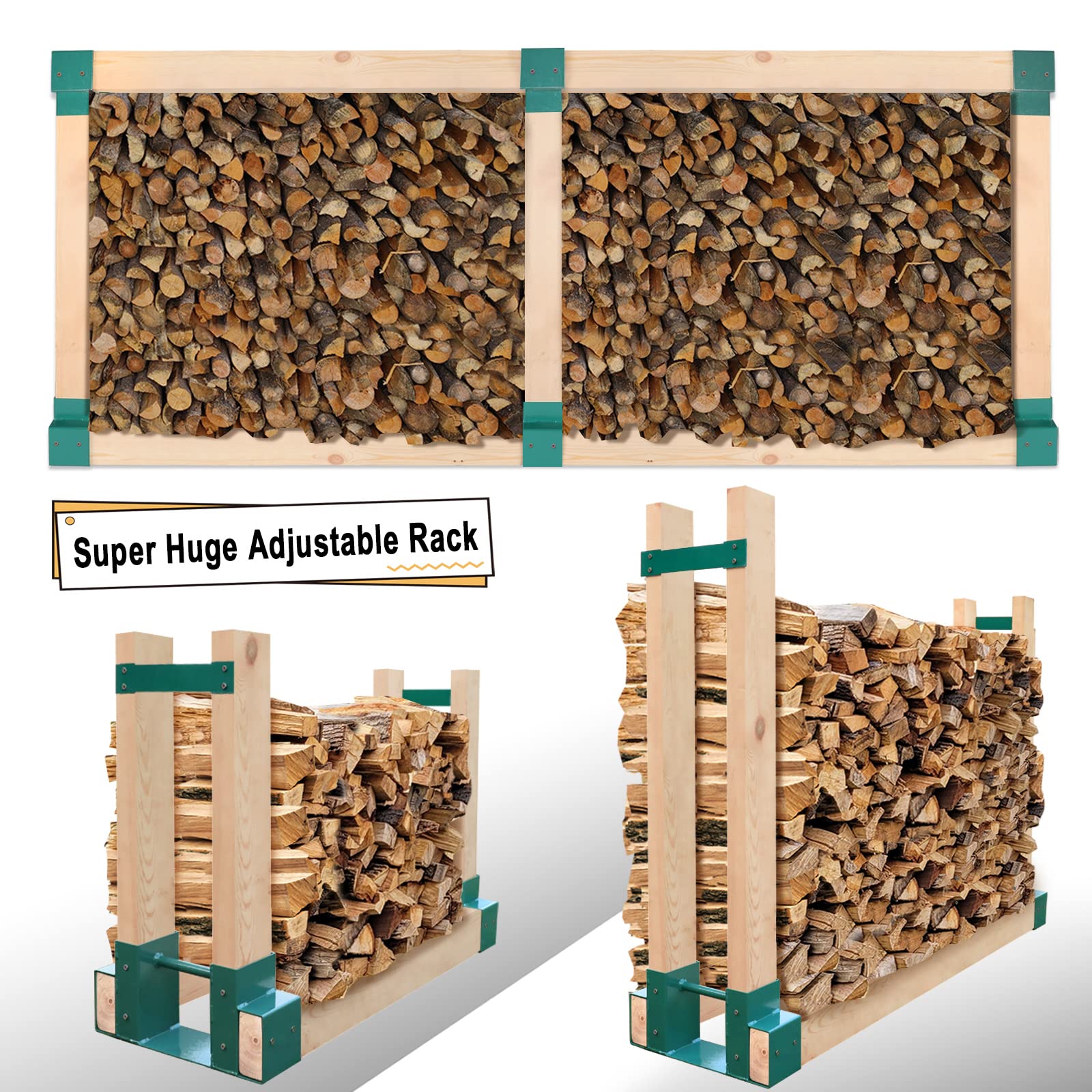MOFEEZ Adjustable Outdoor Firewood Log Storage Rack - 2x4 Bracket Kit for Fireplace Wood Holder, Extendable to Any Length (Green, 2 Bases) - Perfect for Patio, Backyard, and Camping Firewood Organization