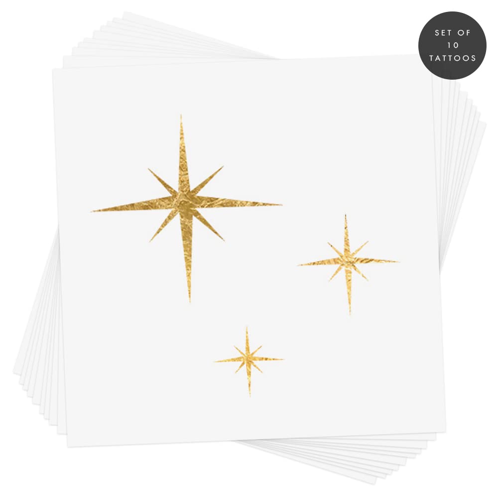 TWINKLE 10-Pack Premium Metallic Gold Temporary Face Flash Tattoos - Shimmering Stars for Eyes & Face Glitter | Festival Makeup, Costume Parties, Photo Shoots