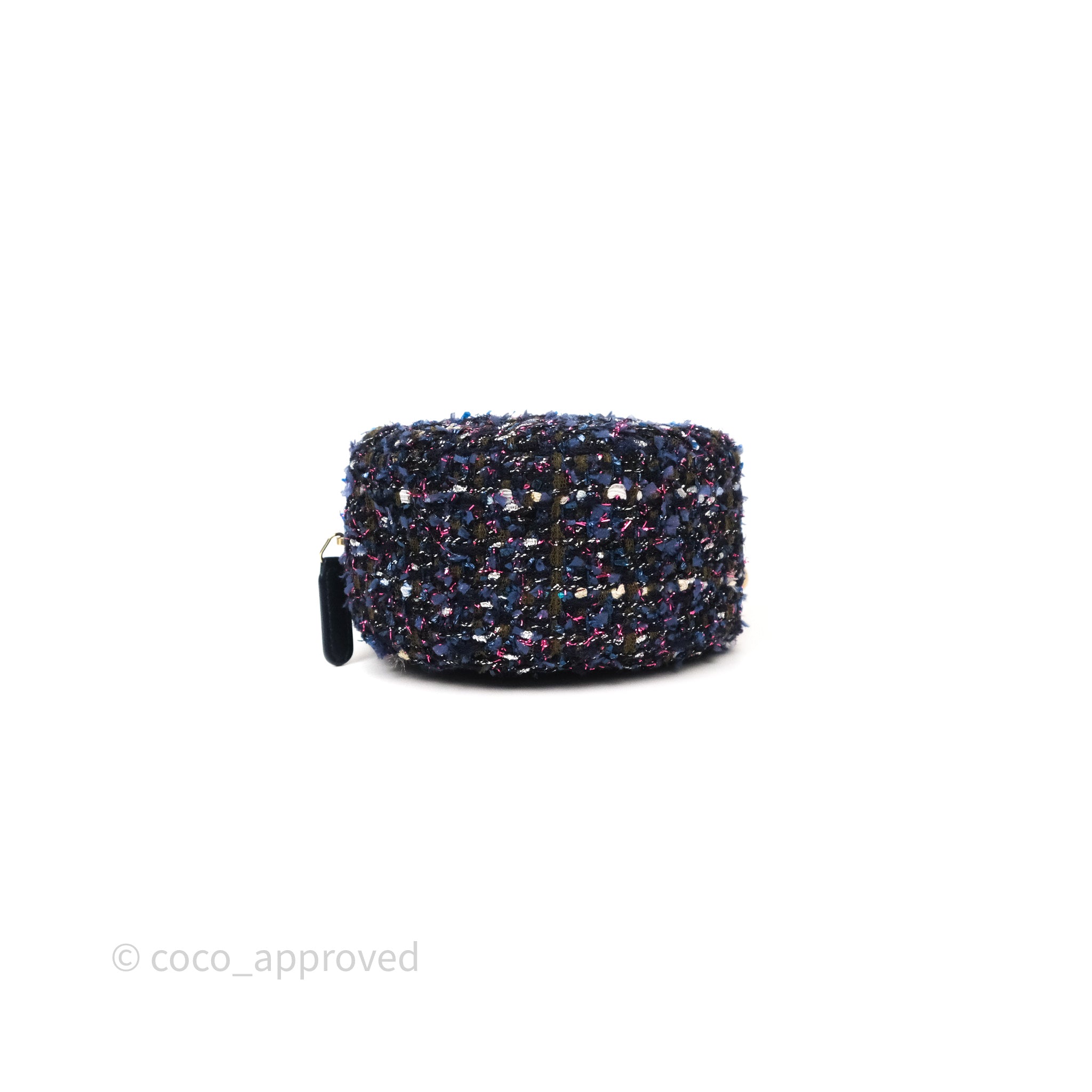 Chanel Navy Purple Tweed Round Clutch Bag with Chain & Aged Gold Hardware - Elegant Evening Clutch for Parties, Weddings & Special Events