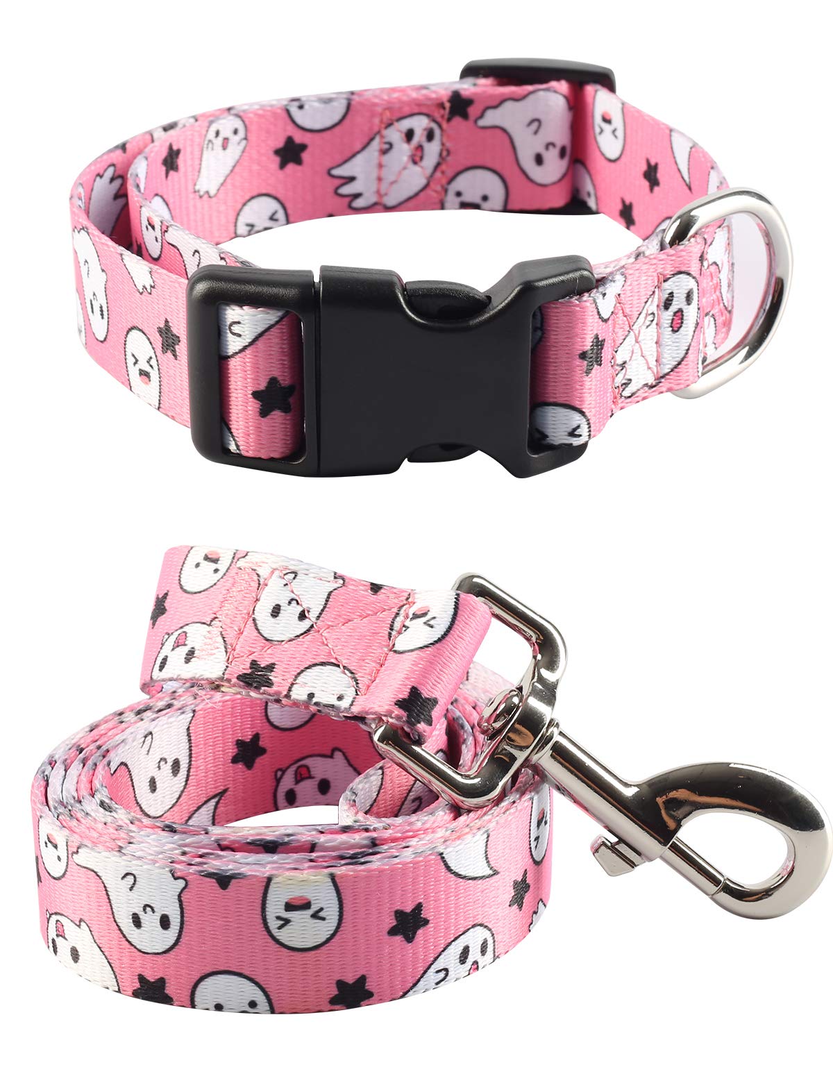 Impoosy 2-Piece Halloween Pet Collar and Ghost Leash Set - Adjustable Cute Dog Cat Collar for Small Medium Large Pets (X-Large, Pink) - Perfect for Halloween Costumes, Pet Parties & Spooky Photo Shoots