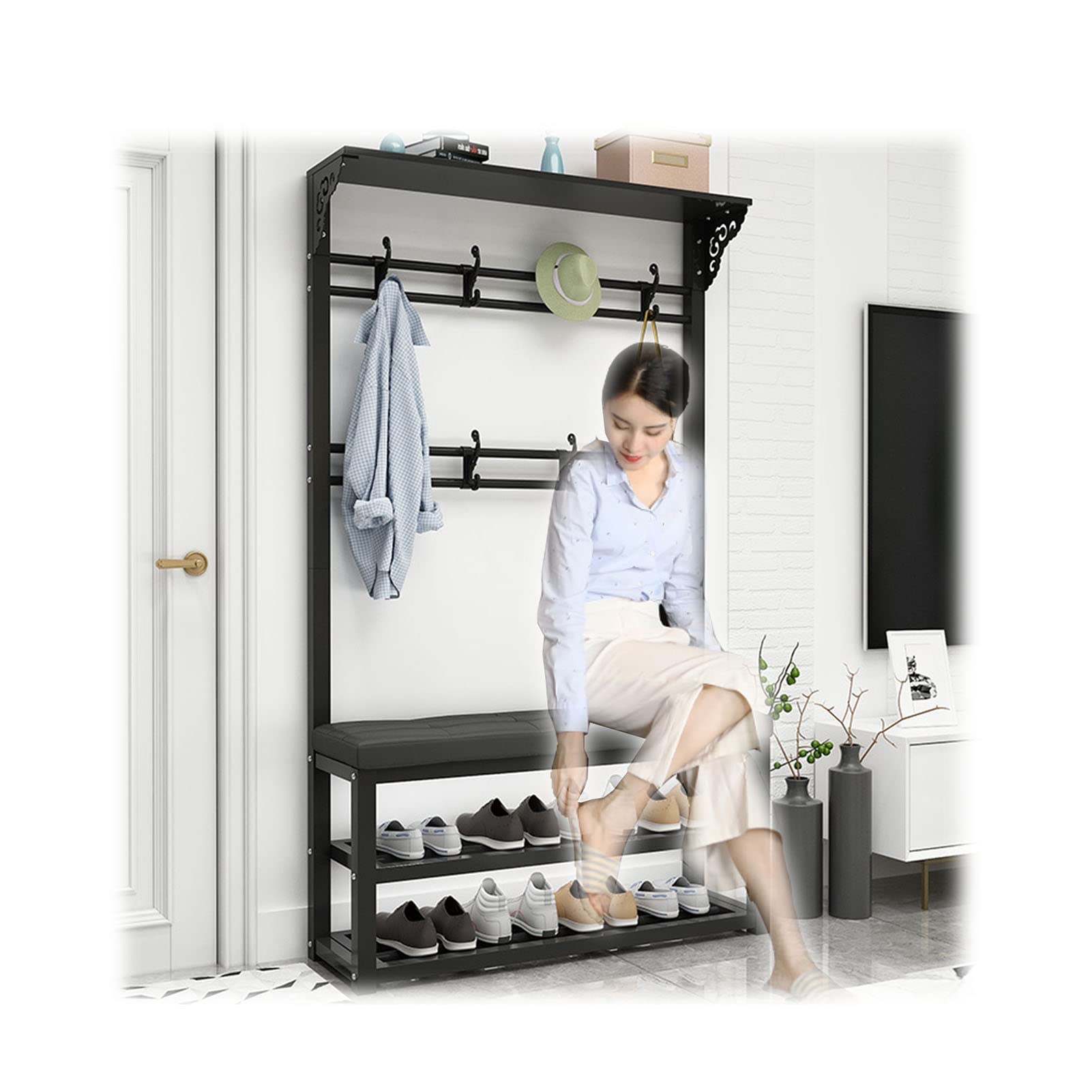 3-in-1 Entryway Coat Rack with Bench - Hall Tree Organizer with PU Leather Cushion, Shoe Storage Stool, Hanger Hooks & Upper Shelf - Easy Assembly (39in/100cm, Black) - Perfect for Small Spaces, Apartments & Home Entryway Organization