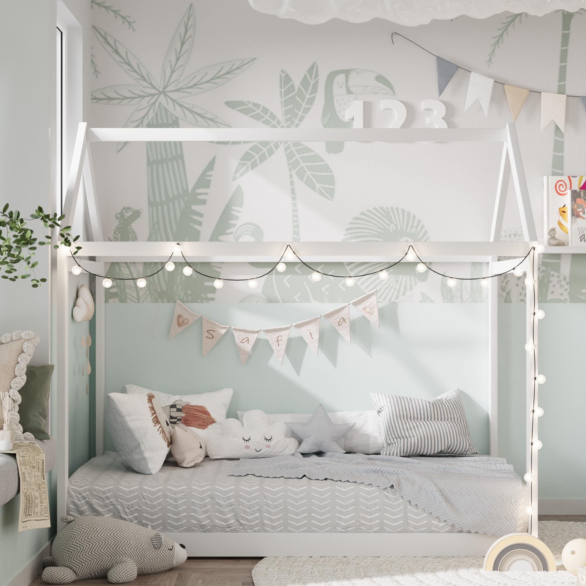 Merax Twin Size Wood House Bed Frame with Wood Slats - No Box Spring Needed, White - Perfect for Kids Rooms, Guest Bedrooms & Small Spaces