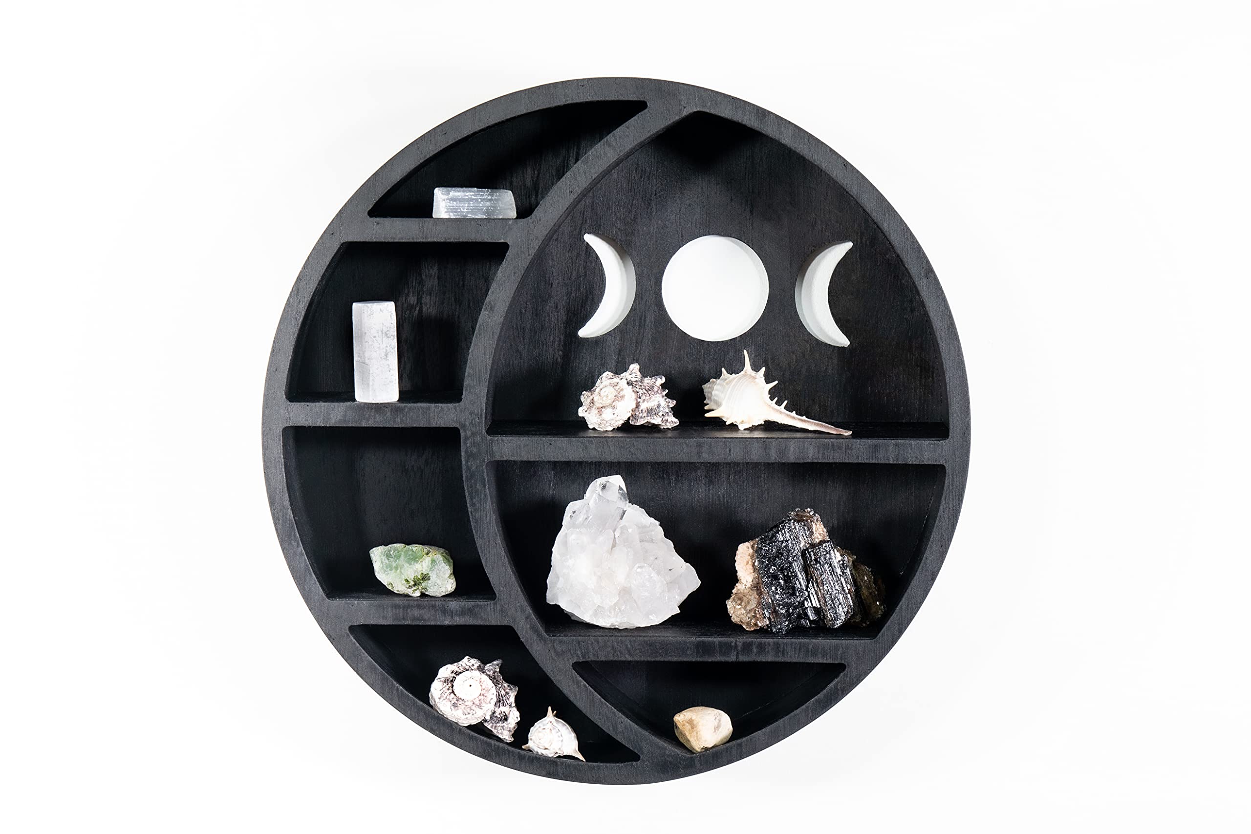 Wooden Black Full Moon Floating Shelf - Wall Mounted Hanging Rack for Living Room & Kitchen Decor | Moon Shaped Wall Shelf for Home, Bedroom, Office | Perfect for Displaying Plants, Books & Decorative Items