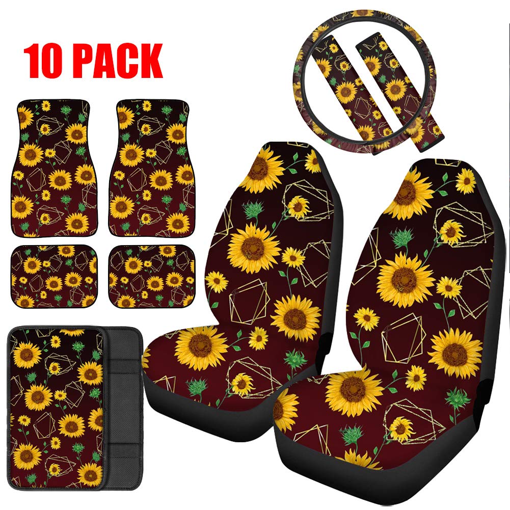 Showudesigns 10-Piece Sunflower Car Accessories Set - Universal Fit Seat Covers, Steering Wheel Cover, Mats & More for Cars, Trucks, Vans & SUVs | Perfect for Road Trips, Commuting & Vehicle Protection