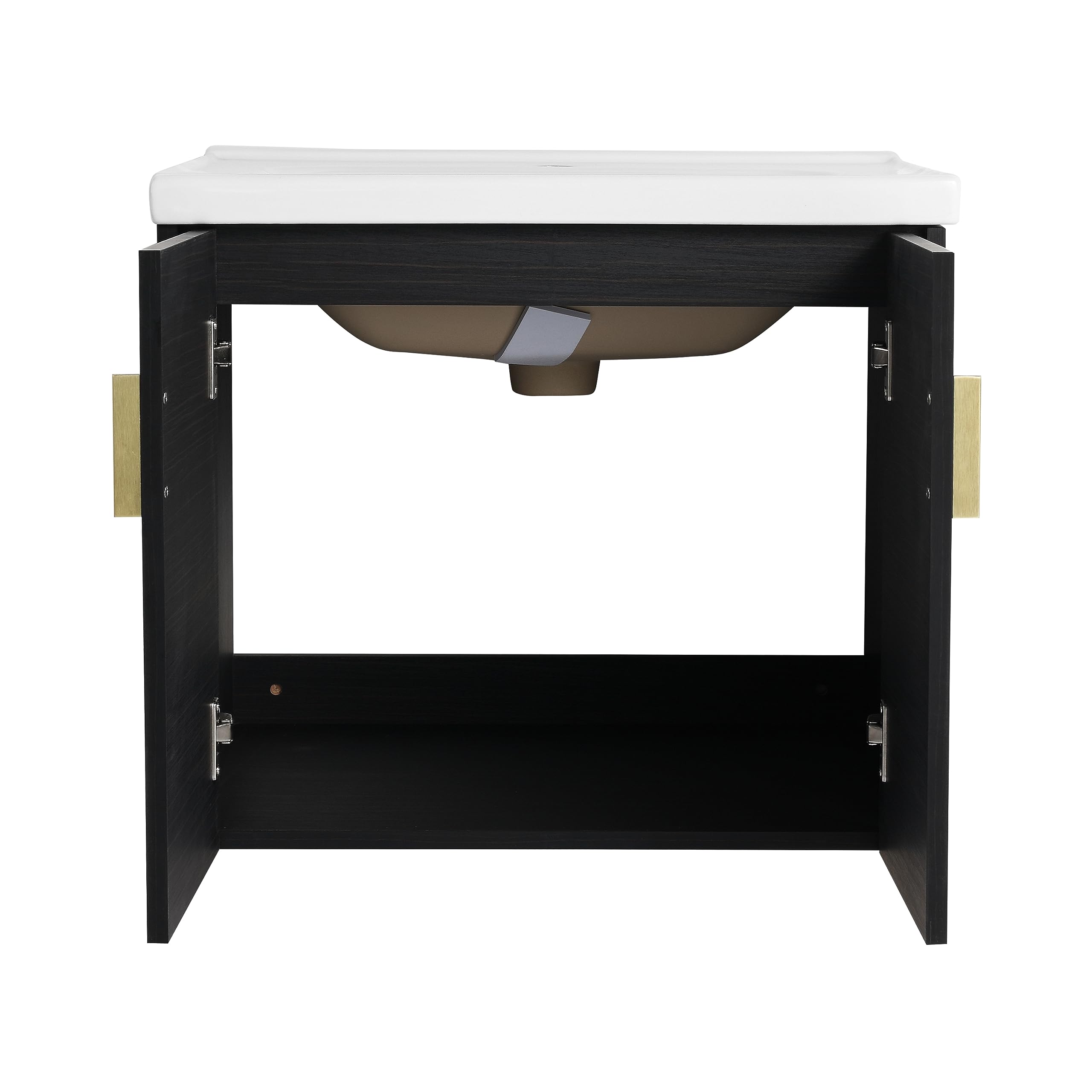 Modern 60-Inch Double Sink Floating Bathroom Vanity Set with Ceramic Sinks, Middle Storage Shelf & 2 Cabinets - Black Gold Finish | Perfect for Contemporary Bathrooms, Master Suites & Space-Saving Small Bathroom Designs