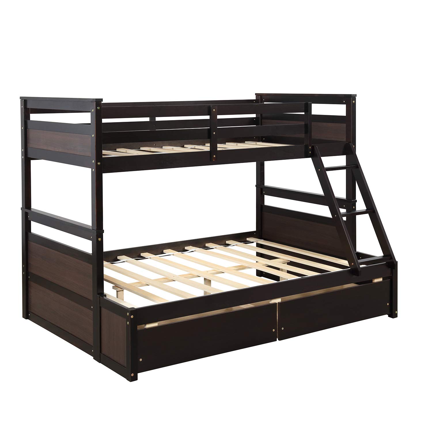 Solid Wood Twin Over Full Bunk Bed with Storage Drawers & Safety Rail - Convertible to 2 Separate Beds, Loft Bed or Platform Bed - No Box Spring Needed (Espresso Finish) - Perfect for Kids' Rooms, Guest Rooms & Small Spaces