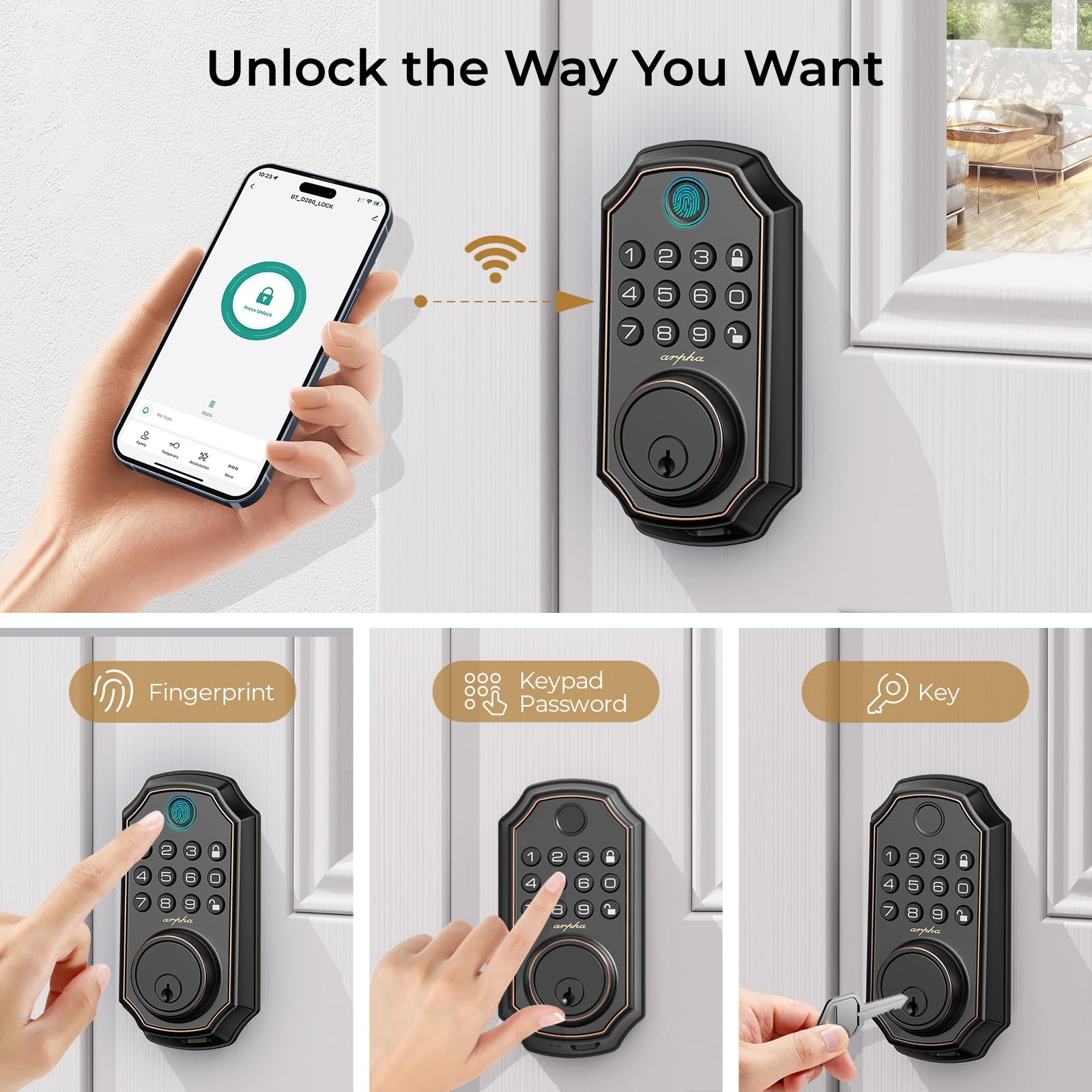 Smart WiFi Door Lock D280W - Keyless Entry Fingerprint Deadbolt with Built-in WiFi, App Remote Control & Electronic Keypad | Alexa Compatible Auto-Locking Front Door Security System for Home & Office | Easy DIY Installation