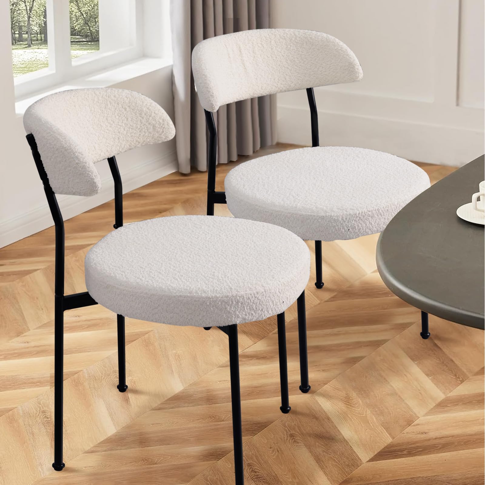 SoarFlash Mid Century Modern Dining Chairs Set of 4 - Beige Boucle Upholstered Kitchen Chairs with Curved Backrest & Black Metal Legs for Dining Room, Kitchen, Breakfast Nook & Home Decor