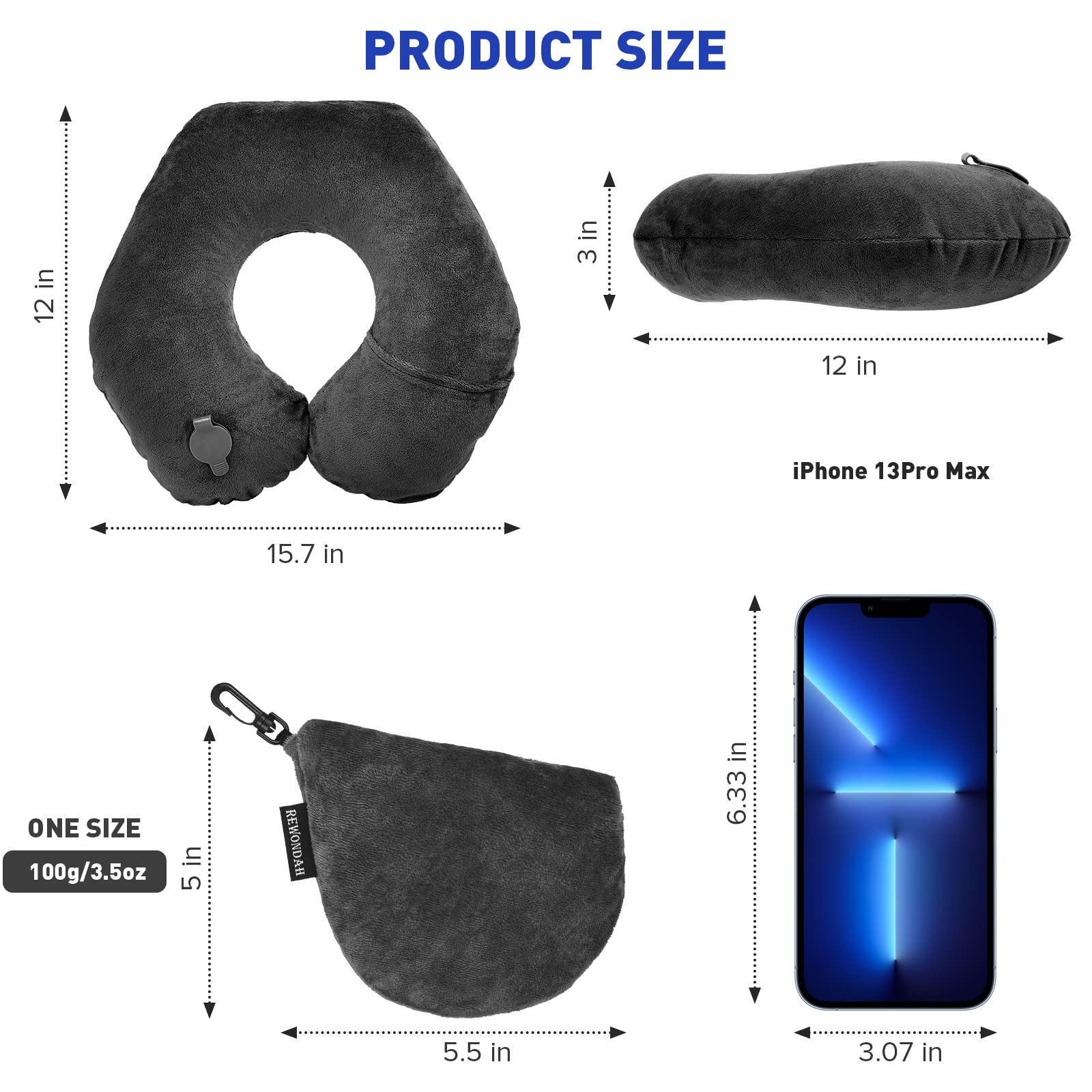 Rewondah Inflatable Travel Pillow - Ultra Soft Velour Washable U-Shaped Neck Pillow for Airplane, Train & Car Travel | Compact & Portable for Business Trips, Long Flights & Road Trips