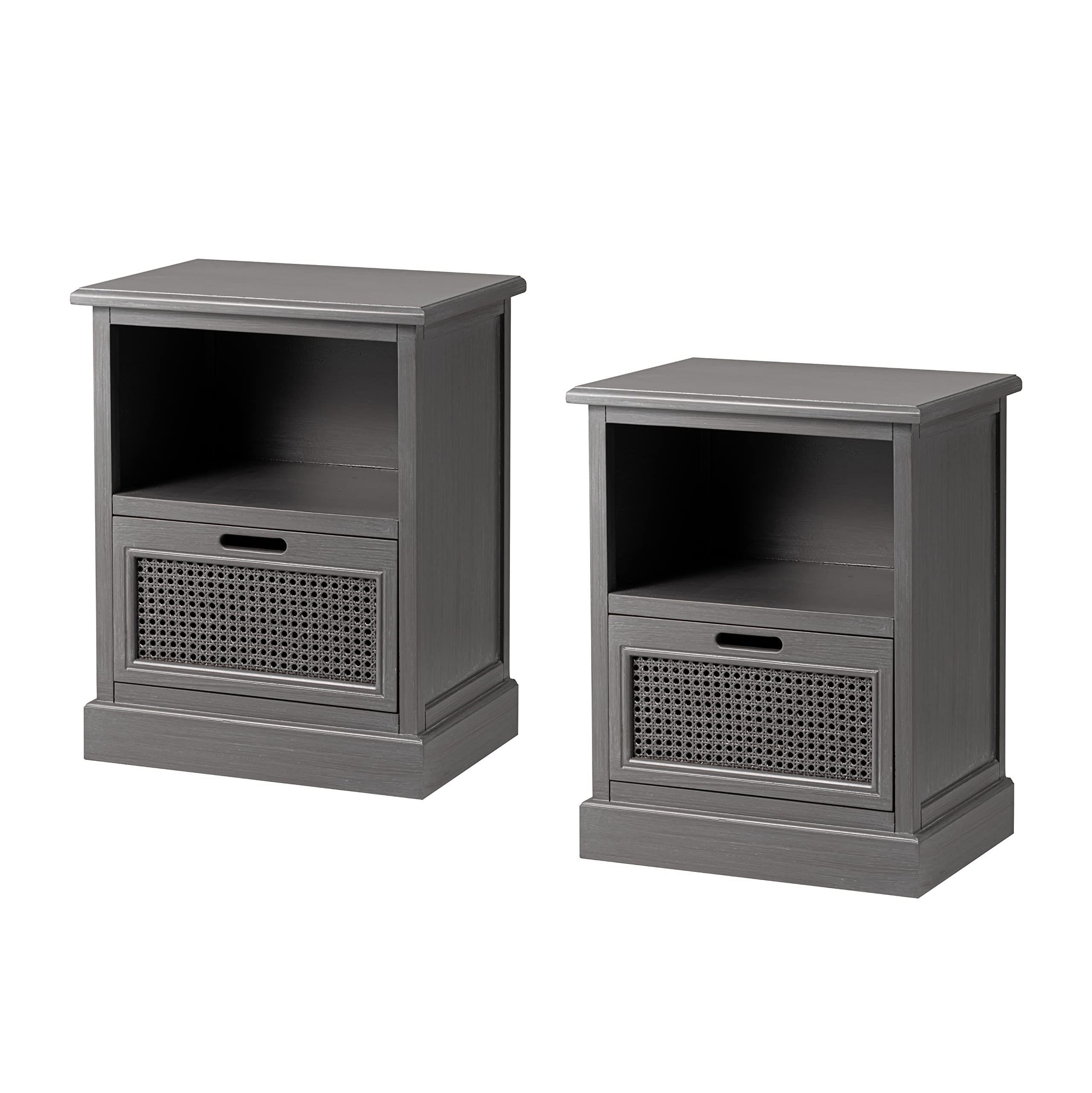 COZAYH Fully Assembled Gray Farmhouse Nightstand Set of 2 - Woven Rattan Drawer & Open Shelf, Traditional Bedside Table with Cutout Pull & Metal Glides | Perfect for Bedroom, Guest Room & Farmhouse Decor