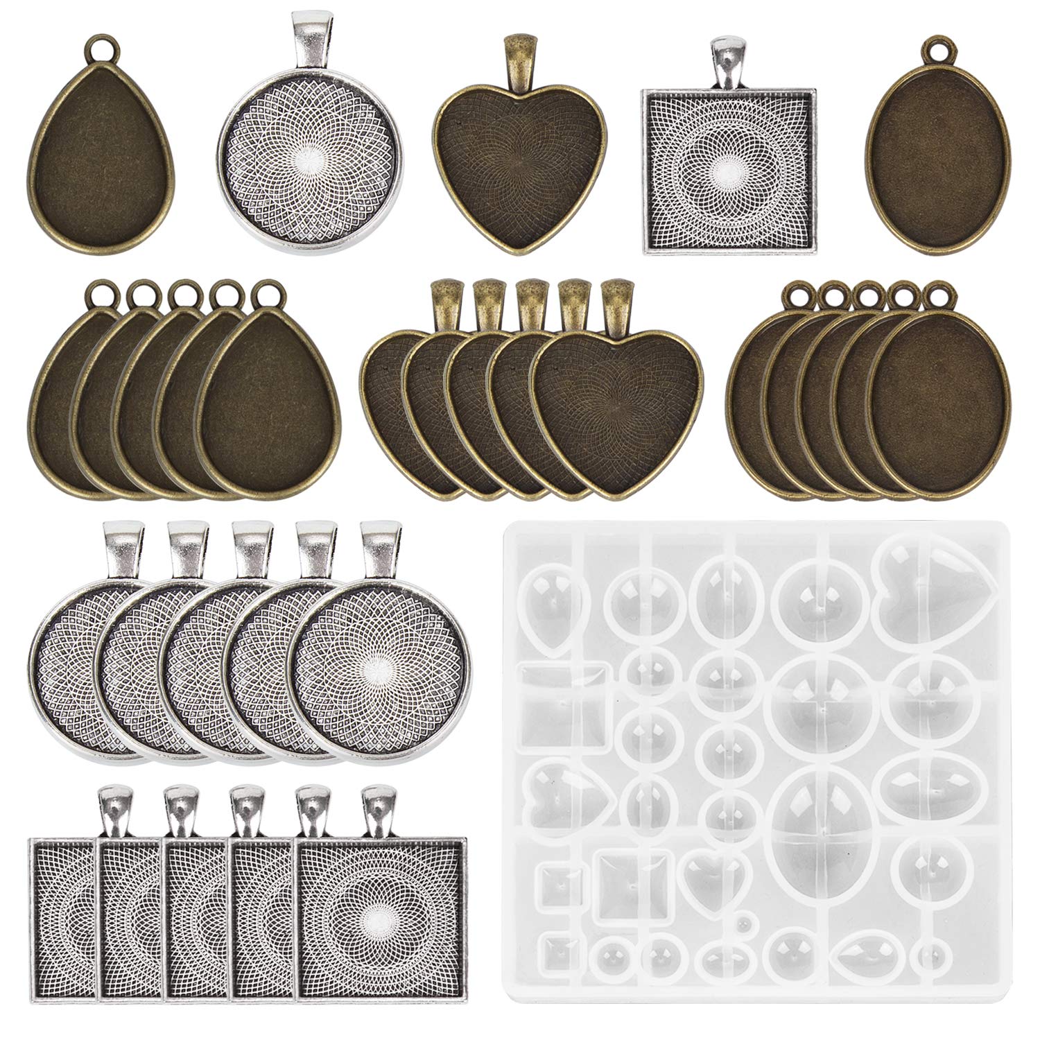 Premium HOMEIDOL Resin Jewelry Molds Kit - 30Pcs Metal Pendants (5 Styles) & Silicone Epoxy Casting Molds for DIY Pendant Crafting | Perfect for Handmade Jewelry, Gifts & Home Decor Projects