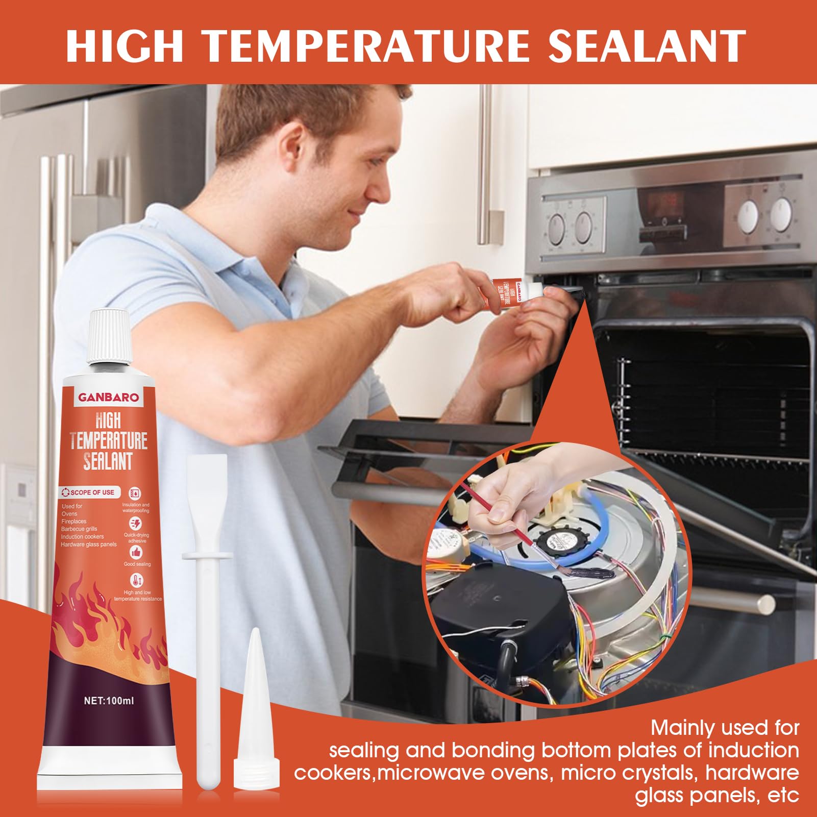 Ganbaro® 482°F High Temperature Silicone Sealant - Heat Resistant Adhesive Glue for Oven, Grill, Microwave - Fast Drying Waterproof Sealant with Brush (100ml, Black) - Perfect for DIY Repairs, Home Appliances & High Heat Applications