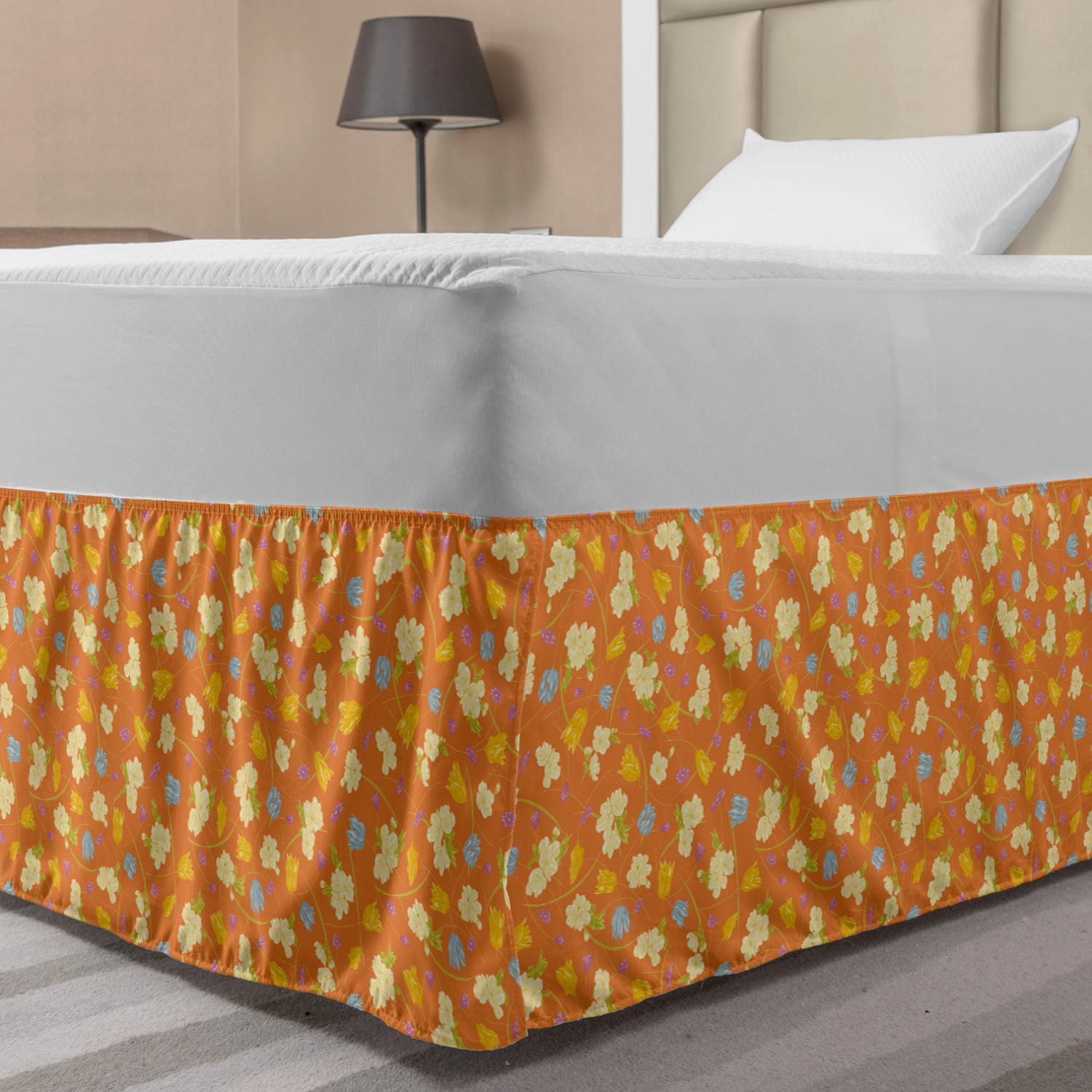 Ambesonne Floral Elastic Bed Skirt - Spring Flowers & Twigs Design, Wrap Around Dust Ruffle for Twin/Twin XL Beds, Apricot Multicolor - Perfect for Bedroom Decor & Guest Room Styling