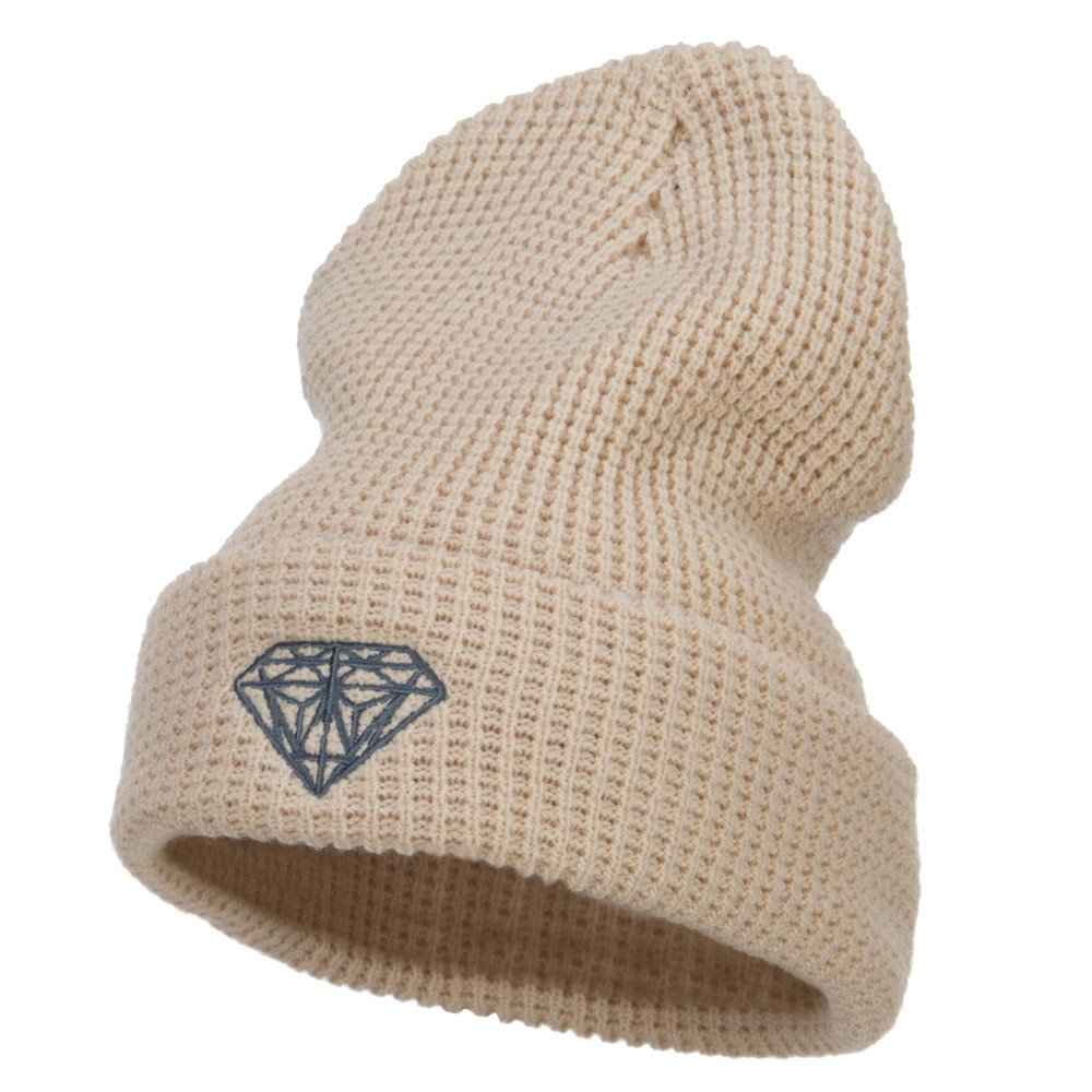 Grey Diamond Embroidered Waffle Cuff Beanie for Men & Women - Extra Large Stretchy Winter Hat for Big Heads - Perfect for Skiing, Snowboarding & Cold Weather Outdoor Activities
