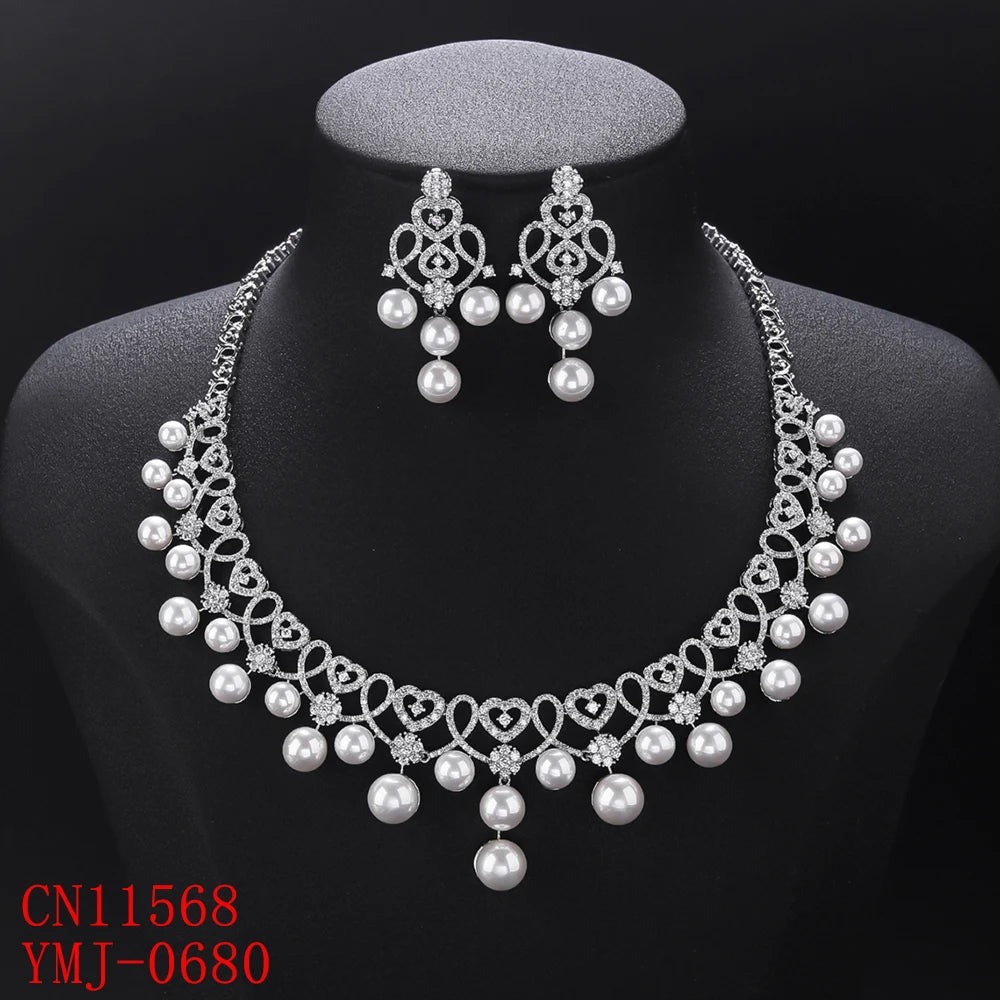 Elegant Heart-Shaped White Cubic Zirconia Pearl Necklace Set for Women | Wedding, Party & Anniversary Jewelry Gift | CN11568 | Perfect for Bridal Accessories, Date Nights & Special Occasions