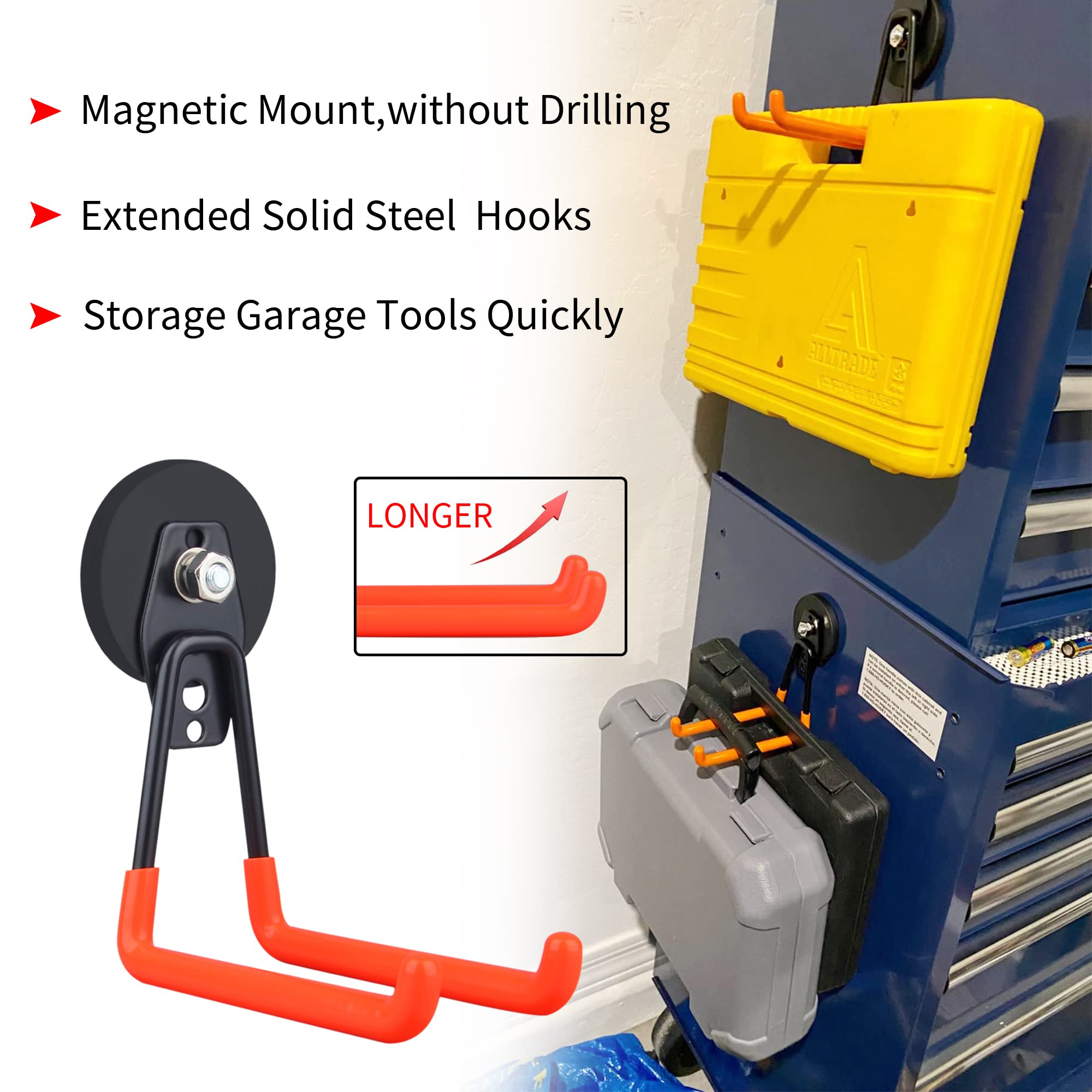 Heavy Duty Magnetic Hooks (2 Pack) - Strong Anti-Slide Garage Hangers for Tool Organization - Perfect for Power Drills, Garden Tools, Hoses & Workshop Storage - Ideal for Garage, Tool Chest & Steel Pegboard Mounting