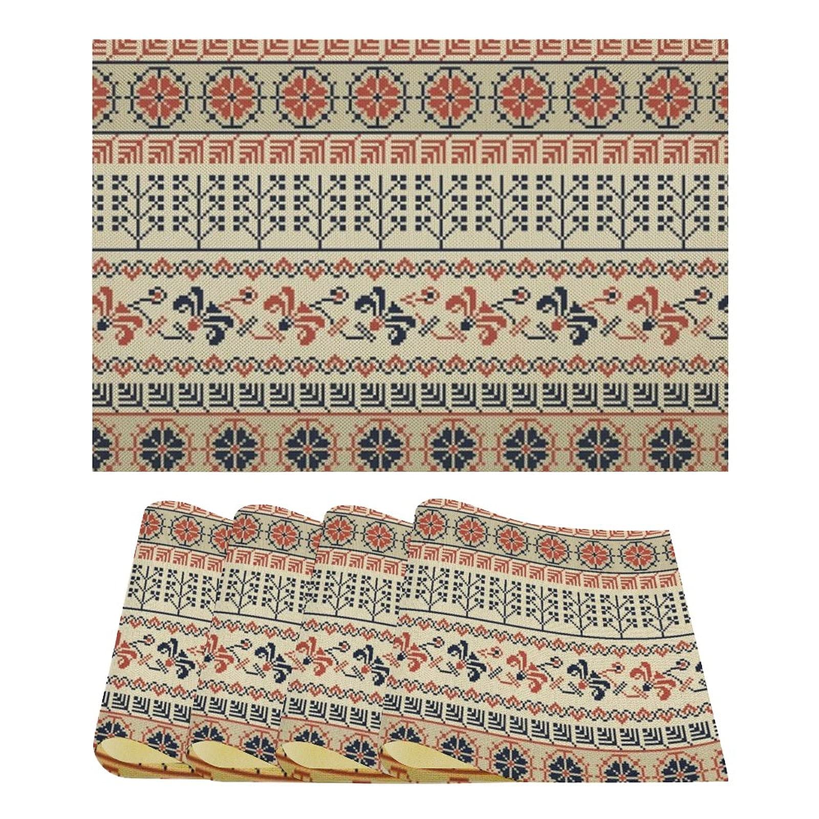 4-Pack Traditional Palestinian Geometric Placemats - Heat-Resistant, Washable 12x18 Inch Woven Linen Table Mats for Dining & Kitchen - Easy to Clean Home Decor - Perfect for Dinner Parties, Holiday Meals & Daily Family Dining