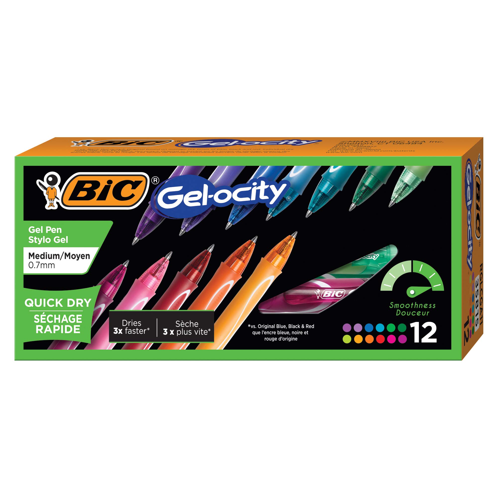 BIC Gel-Ocity Quick Dry Retractable Gel Pens - 0.7mm Medium Point, 12 Assorted Colors (Pack of 18) - Perfect for Office Work, School Notes, Journaling & Creative Projects