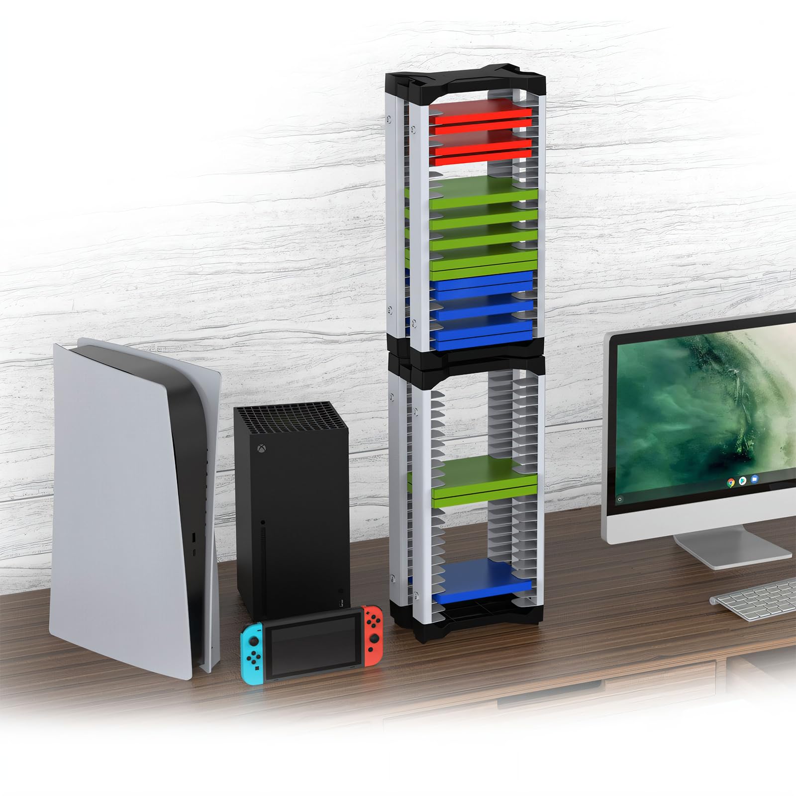 HEATFUN Game Storage Tower - Holds 46 Discs for PS5, PS4, PS3 & Xbox One Games | Vertical/Horizontal Display with 2 Headset/Controller Hooks | Perfect for Gaming Room Organization & Console Accessories Storage