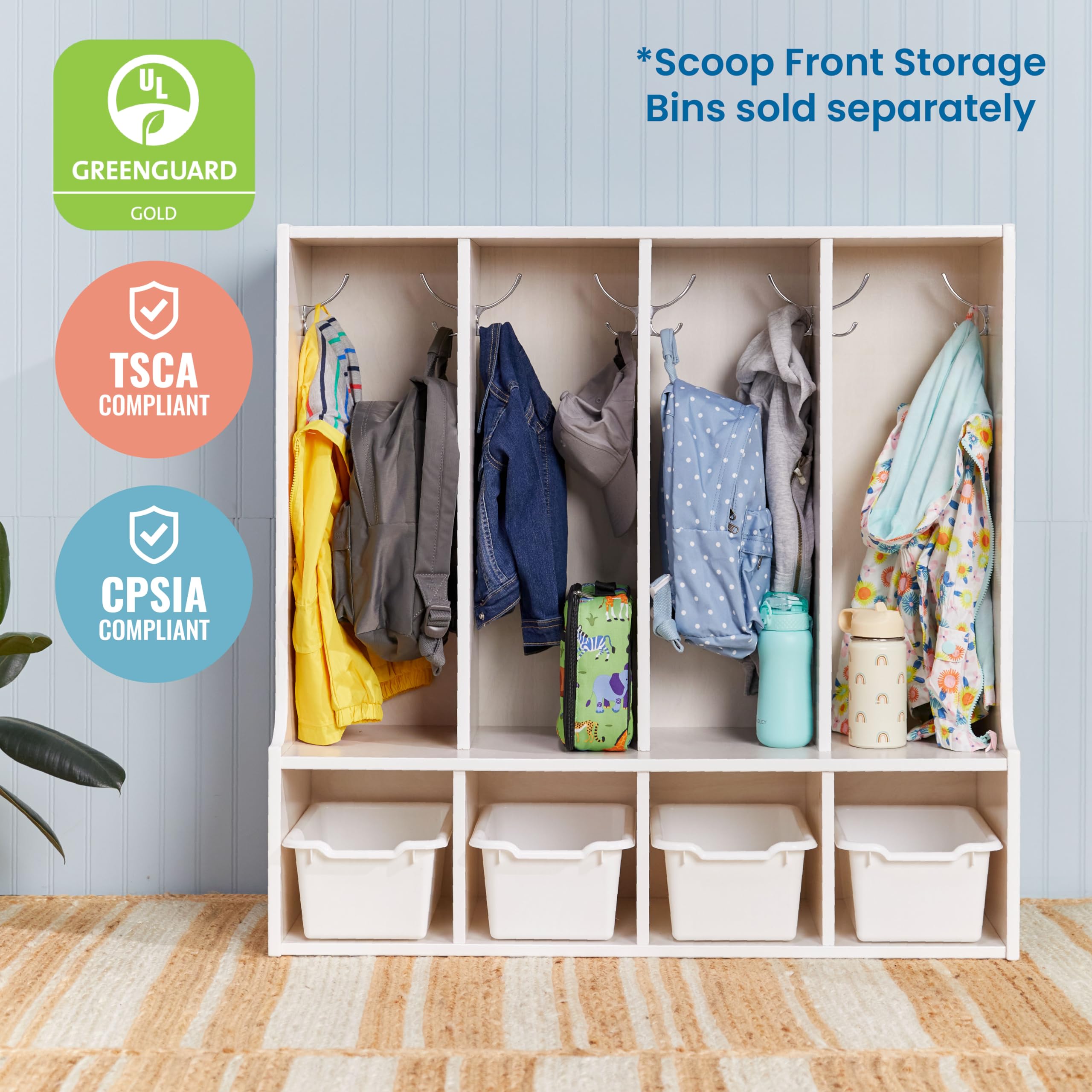 ECR4Kids White Wash 4-Section Toddler Coat Locker with Bench - Kids Furniture for Daycare, Preschool & Home Organization