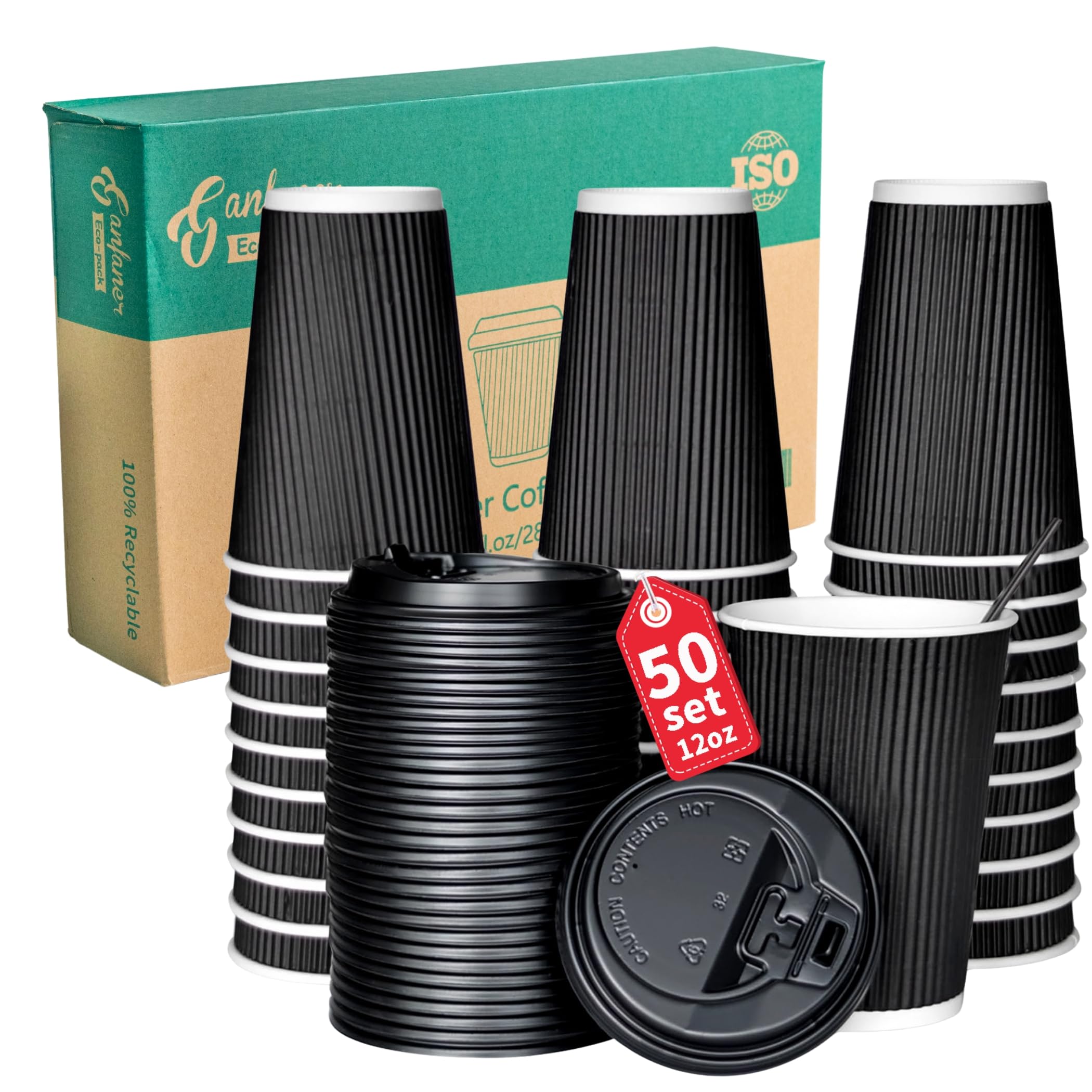 12 oz Disposable Black Coffee Cups with Lids - 3-Layer Insulated Hot & Cold Drink Cups for Coffee, Tea, Chocolate, Cocoa - Perfect for Office, Cafes, Parties & Takeout [50 Pack]