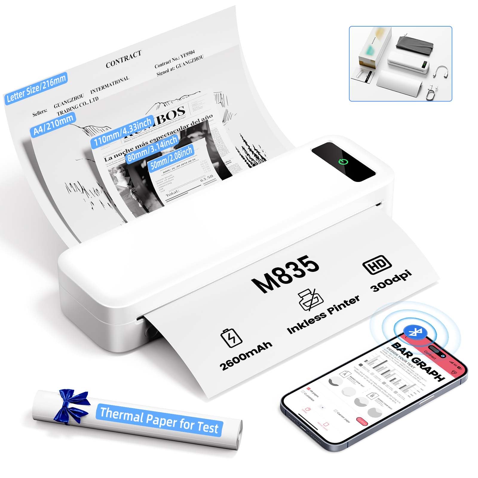 ASprink M835 Wireless Portable Thermal Printer - Inkless Travel Printer for iOS/Android/PC - 300DPI High Resolution - Print 8.5