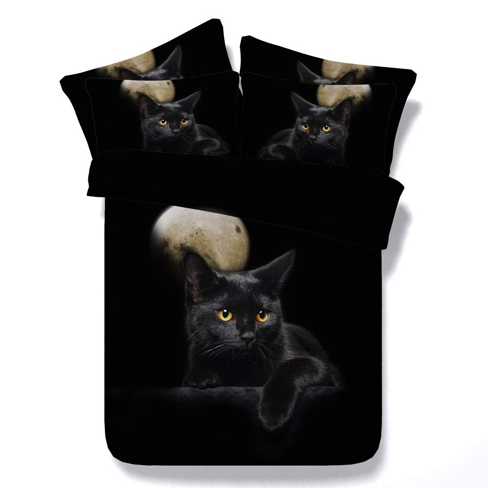 3D Black Cat Under Full Moon Bedding Set - 3 Piece Funny Cat Series (Queen Size) | Royal Linen Source | Perfect for Cat Lovers & Halloween Decor