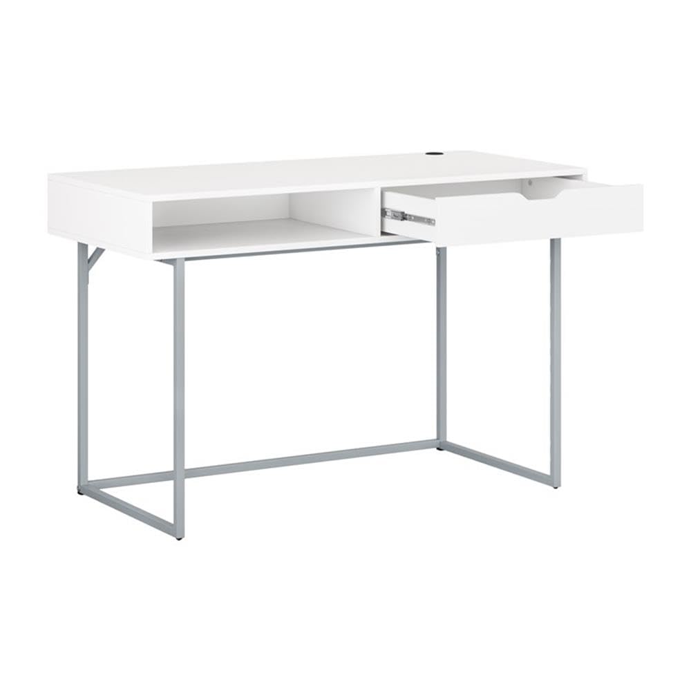 CorLiving Marley Modern White Engineered Wood Single Drawer Writing Desk with Steel Legs - Perfect for Home Office, Study Room & Small Spaces