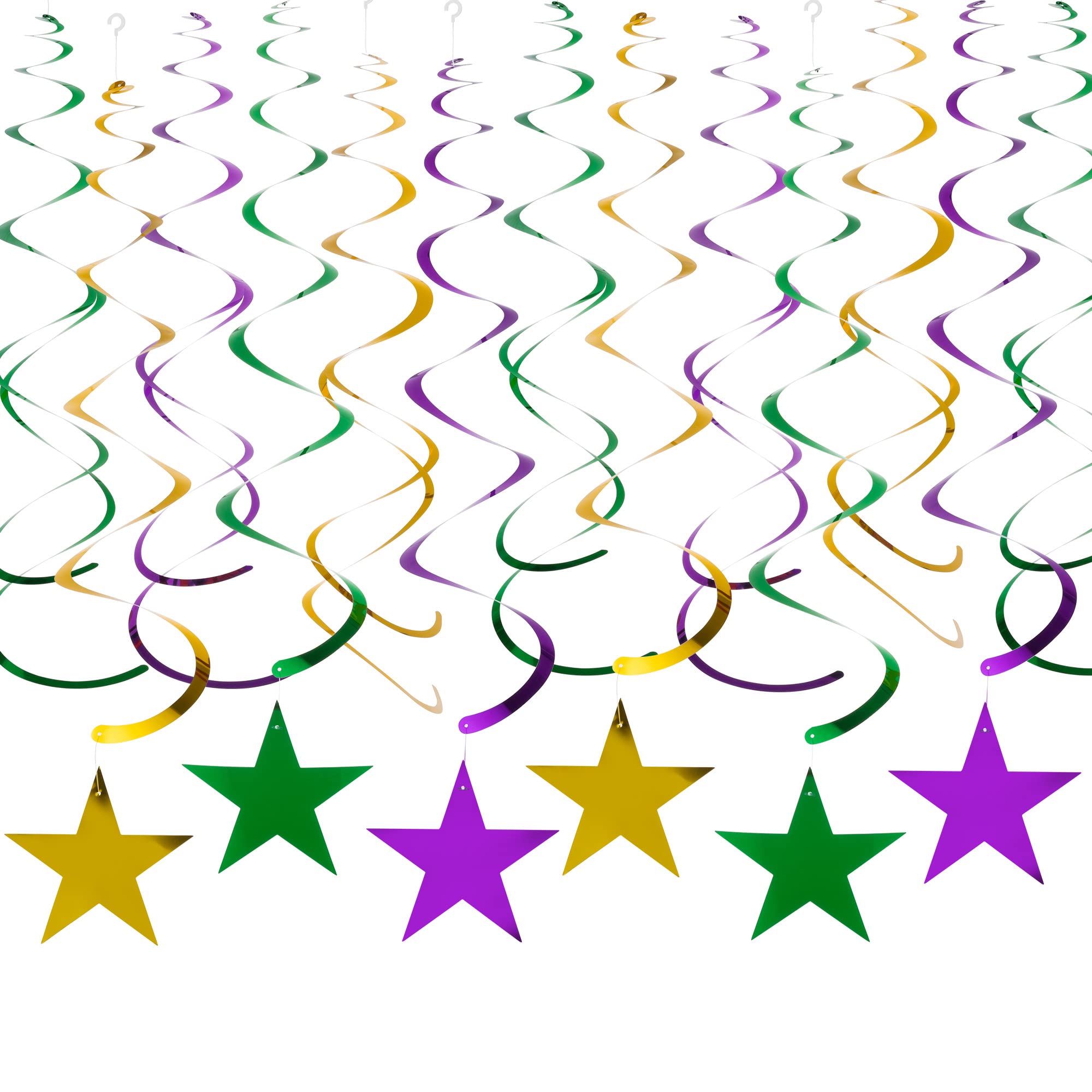 30-Pack Purple Green Gold Star Hanging Swirl Decorations - Foil Swirl Streamers for Ceiling Party Decor, Birthday & Wedding Decorations - Perfect for Indoor Events, Baby Showers & Holiday Celebrations