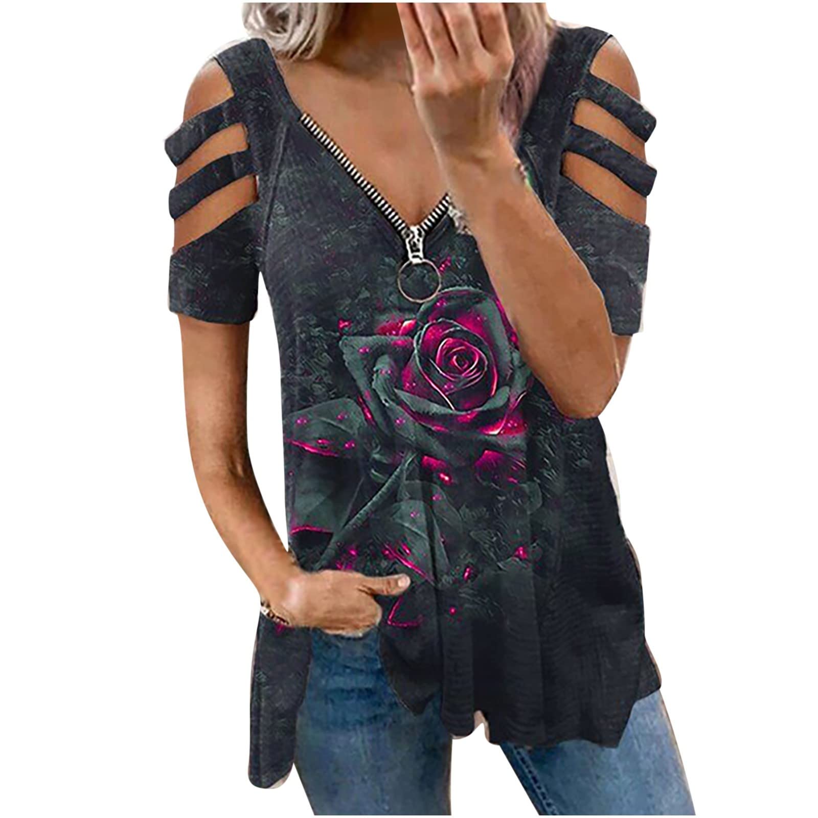 Women's Cold Shoulder Zip-Up Floral Blouse - Short Sleeve Graphic Tee Cut Out Tops for Casual Wear, Date Night & Summer Outfits