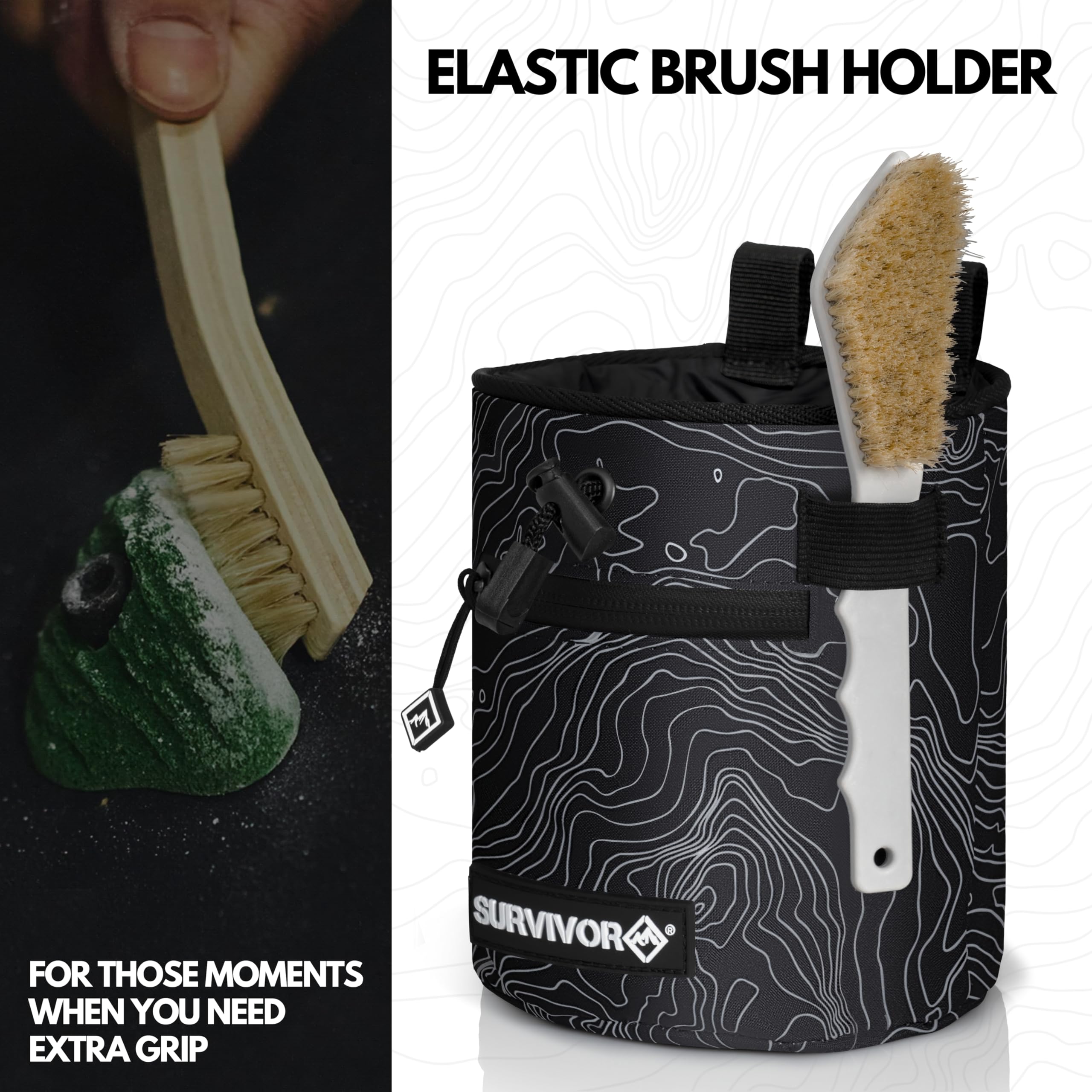 Survivor Chalk Bag for Rock Climbing - Topographic Map Design with Drawstring Closure, 2 Zippered Pockets & Brush Holder - Ideal for Bouldering, Weightlifting, Gymnastics & Workout Training - Perfect for Gym, Outdoor Sports & Fitness Enthusiasts