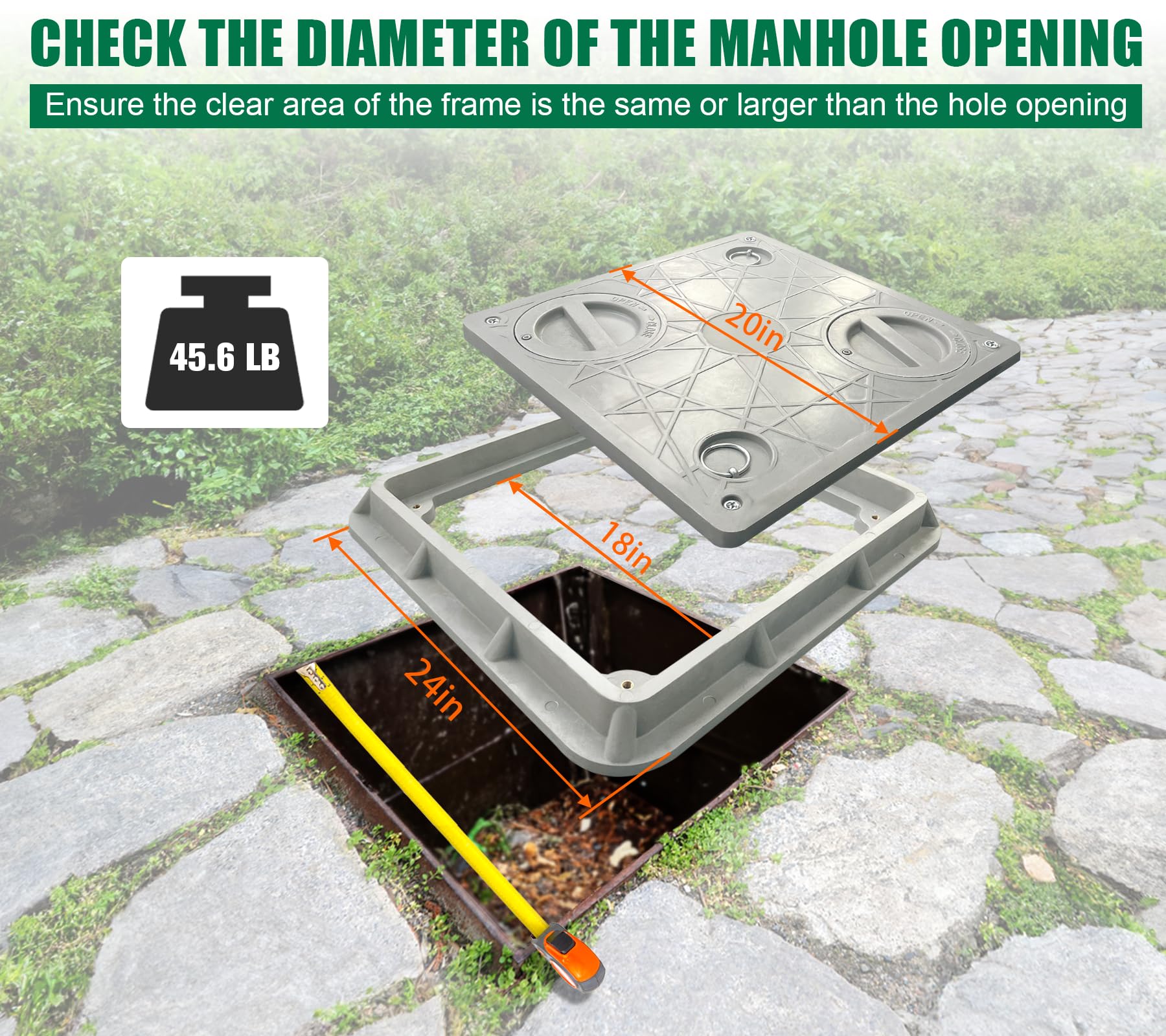 20x20in Lockable Anti-Theft FRP Manhole Cover with 2 Pipe Holes - 24x24in Reinforced Steel Sewer Cover Frame - Non-Slip Recessed Square Septic Tank Lid with Handles for Underground Utility Access, Drainage Systems & Stormwater Management