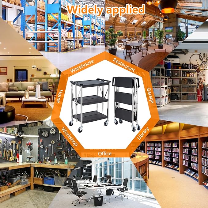 GARVEE 3-Tier Foldable Utility Cart with Locking Wheels - Heavy Duty 330Lbs Capacity Rolling Service Cart for Home, Office, Warehouse - Perfect for Storage, Organization & Mobile Workstations