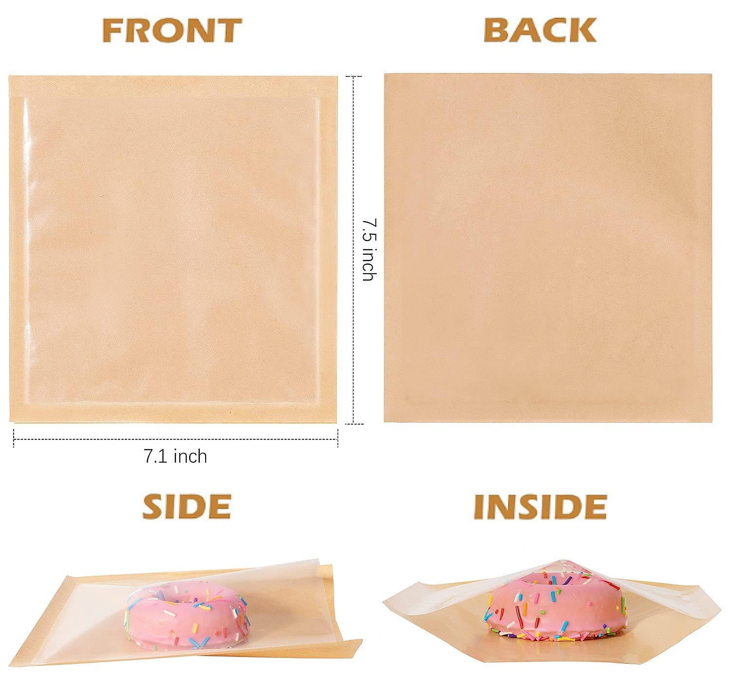100 Pack 7.1x7.5 Inch Bakery Bags with Window - Grease Resistant & Heat-Sealable Kraft Paper Food Bags for Cookies, Donuts, Sandwiches | Perfect for Bakeries, Cafes & Home Baking