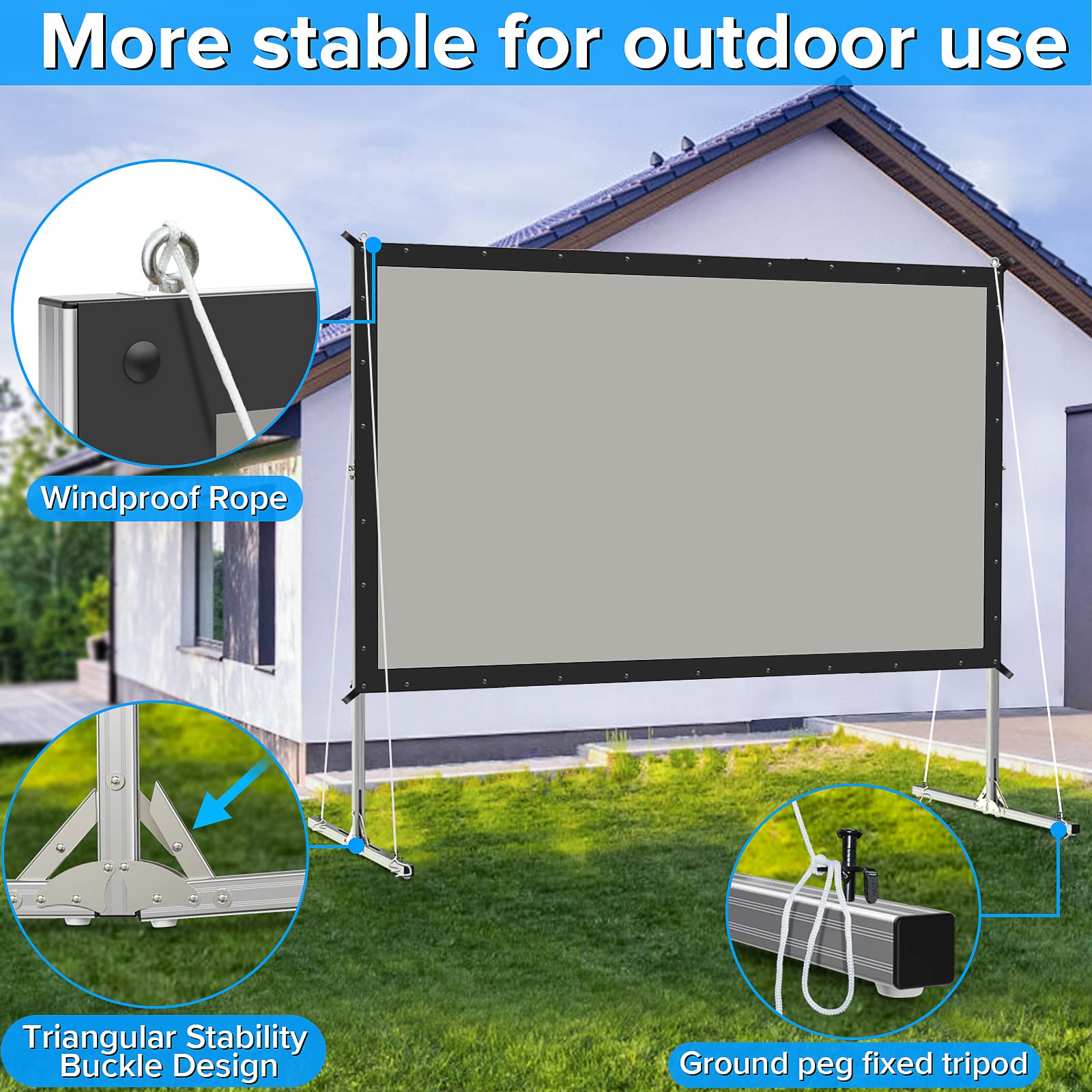 JWSIT 120 Inch Outdoor Projector Screen with Stand - 3 Layer PVC 16:9 Movie Screen for Home Backyard Theater, Includes Carrying Bag (Rear Projection Compatible) - Perfect for Outdoor Movie Nights, Camping, and Backyard Parties