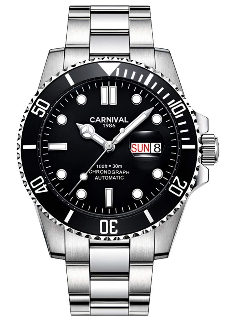 MASTOP Men's Automatic Watch - Classic Rotating Bezel Stainless Steel Diver Watch with Date Window | Luxury Dress Wristwatch for Business & Formal Occasions | Waterproof Sports Watch for Swimming & Diving (Silver Black)